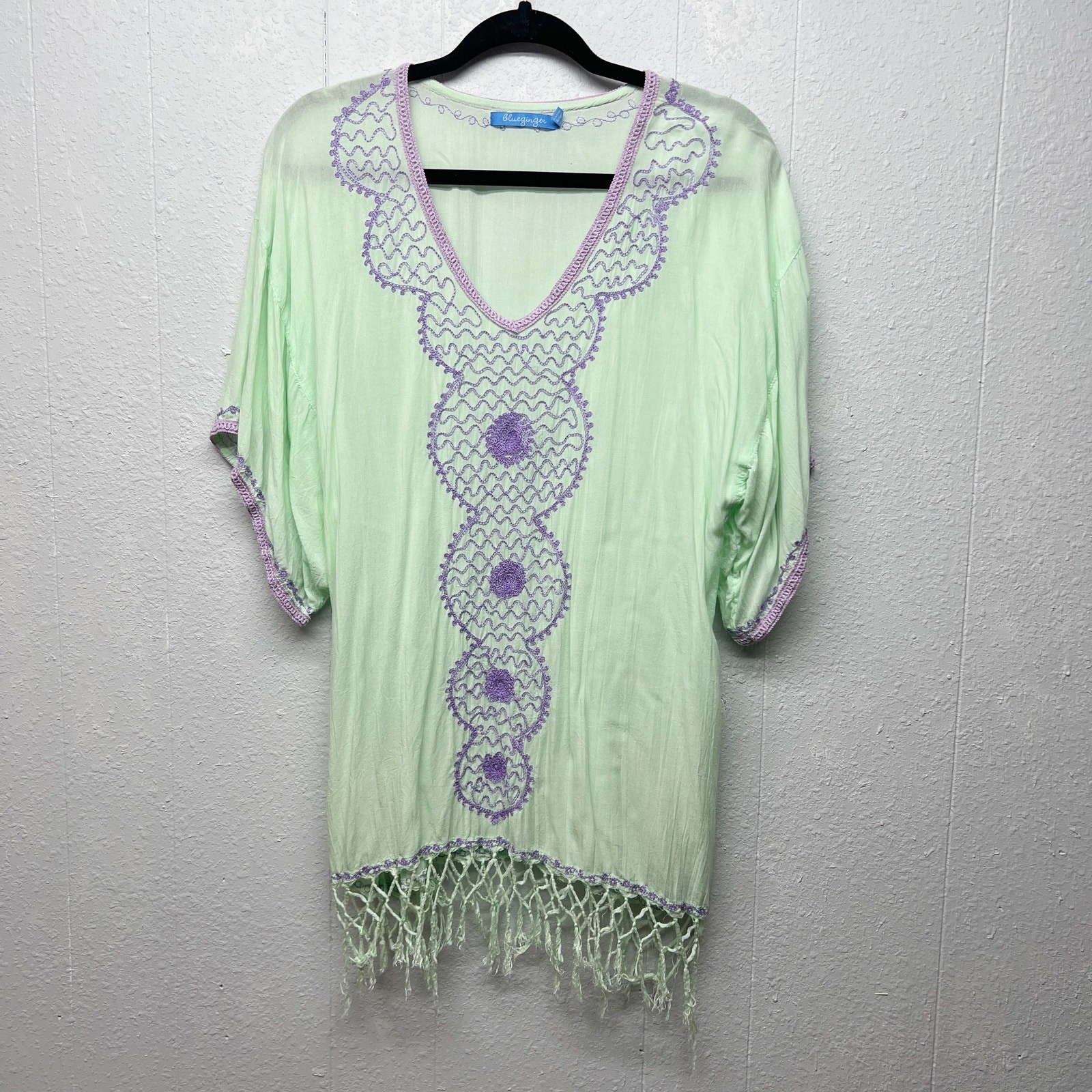 Blue Ginger Embroidered Fringe Tunic Small Boho Beach Coastal Nautical Festival