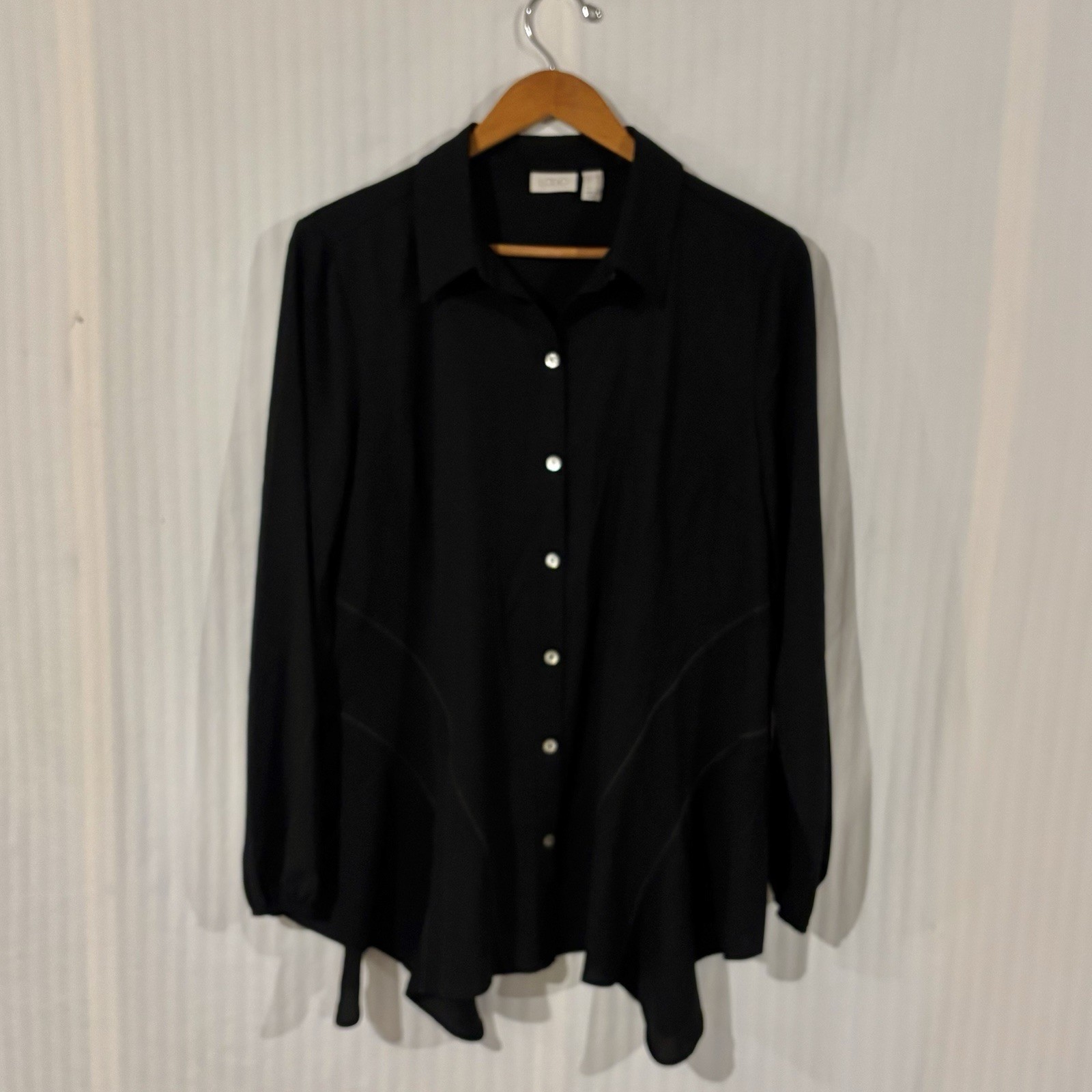 LOGO Lori Goldstein Tunic Button Up Black Sz Medium Contrast Stitches NN-21