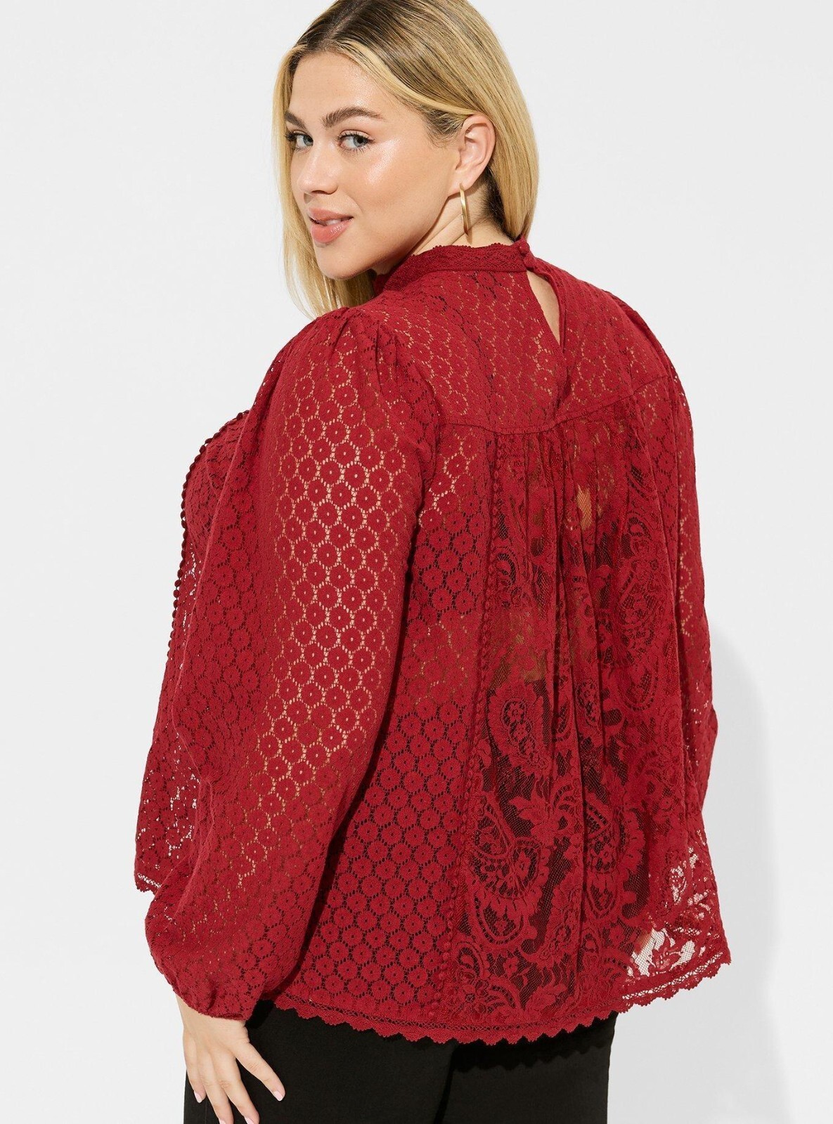 Torrid Plus 3X Lace Top High Neck Keyhole Back Long Sleeve Dark Red NWT