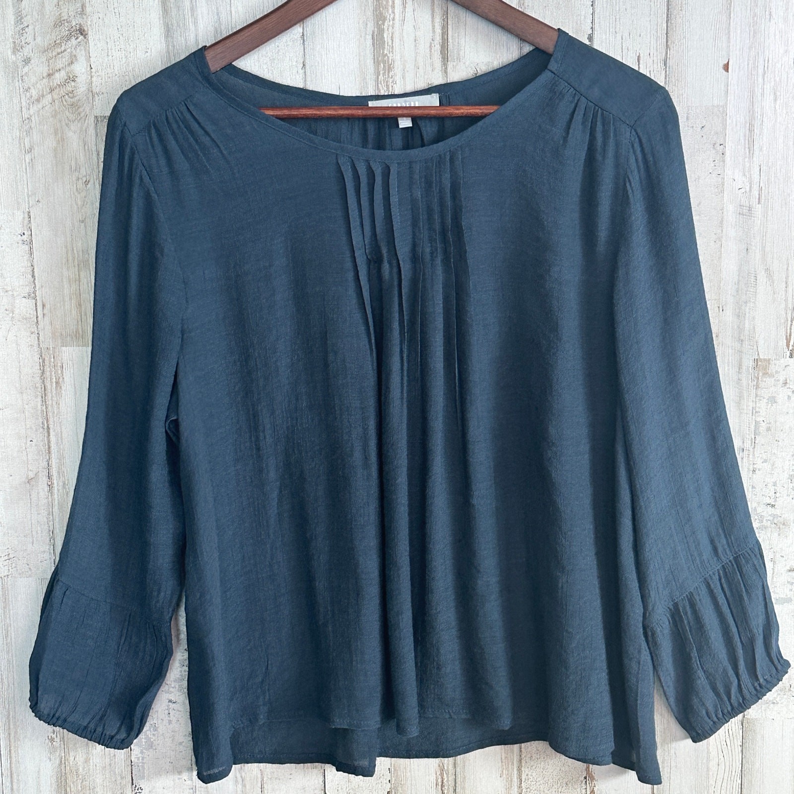 NEW Semi Sheer Pintuck Blouse Small Navy Relaxed Fit Boho Grunge Top Festival