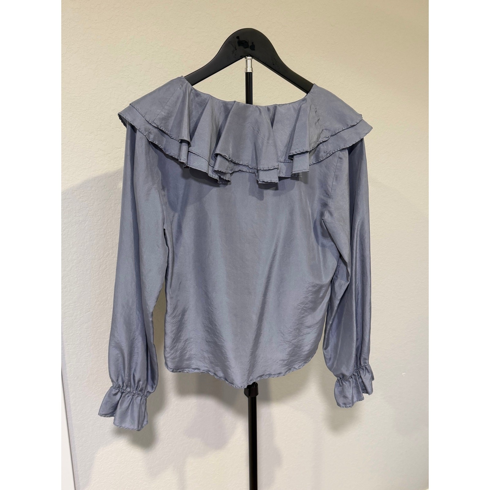 Vintage 90s Jonathan Martin 100% Silk Blue Ruffle Blouse Romantic