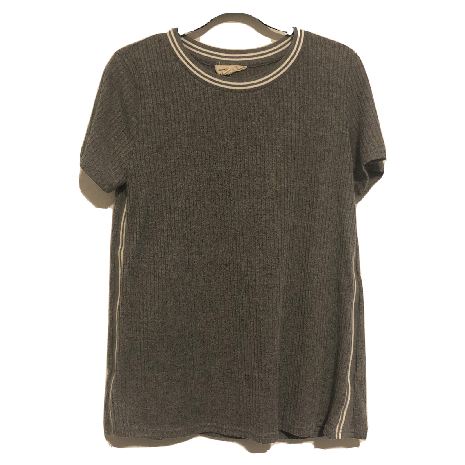 Coverstitched Gray With White Stripes Short Sleeved Sweater Shirt Women’s Small
