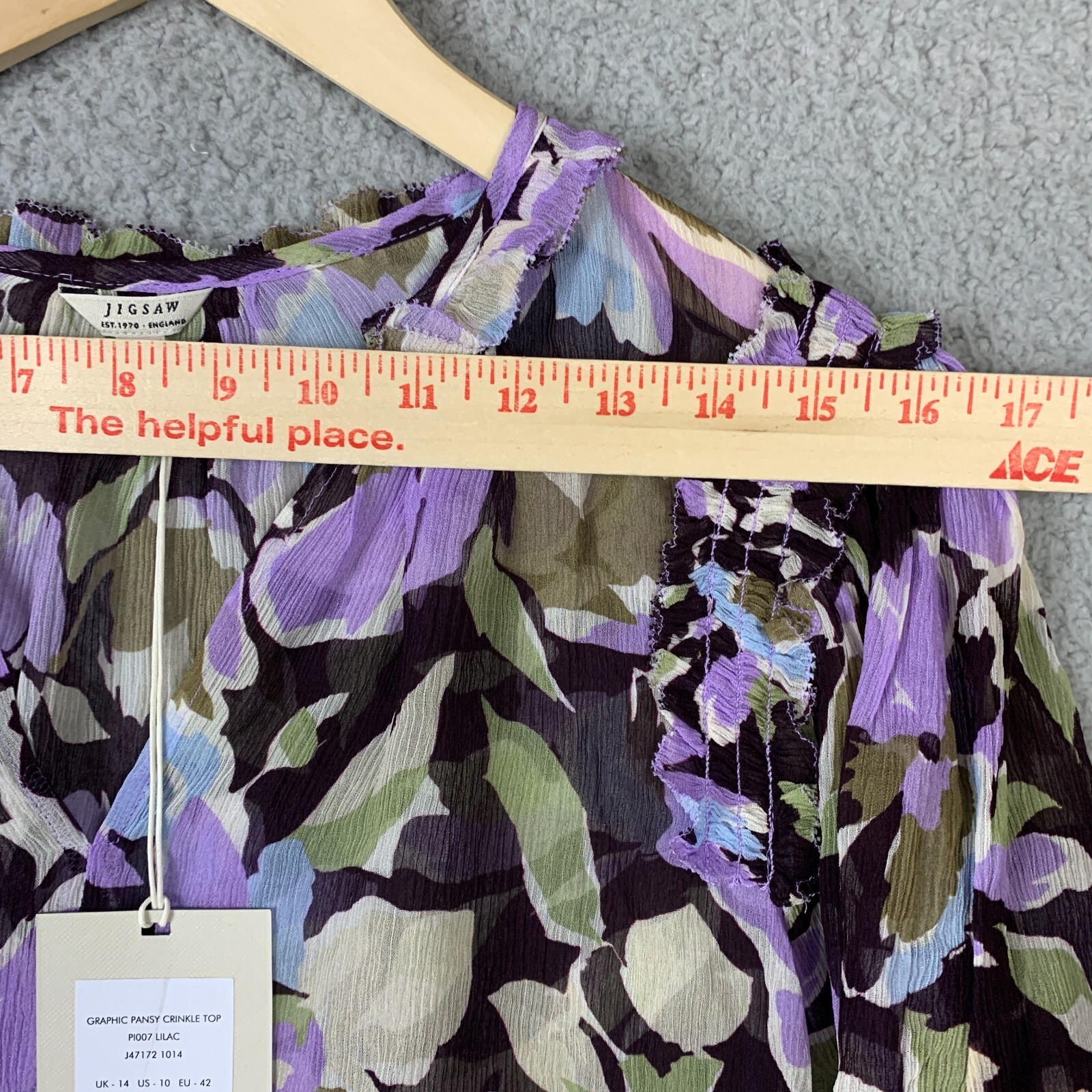 Jigsaw Top Women US 10 Lilac Graphic Pansy Crinkled Blouse UK 14 NWT