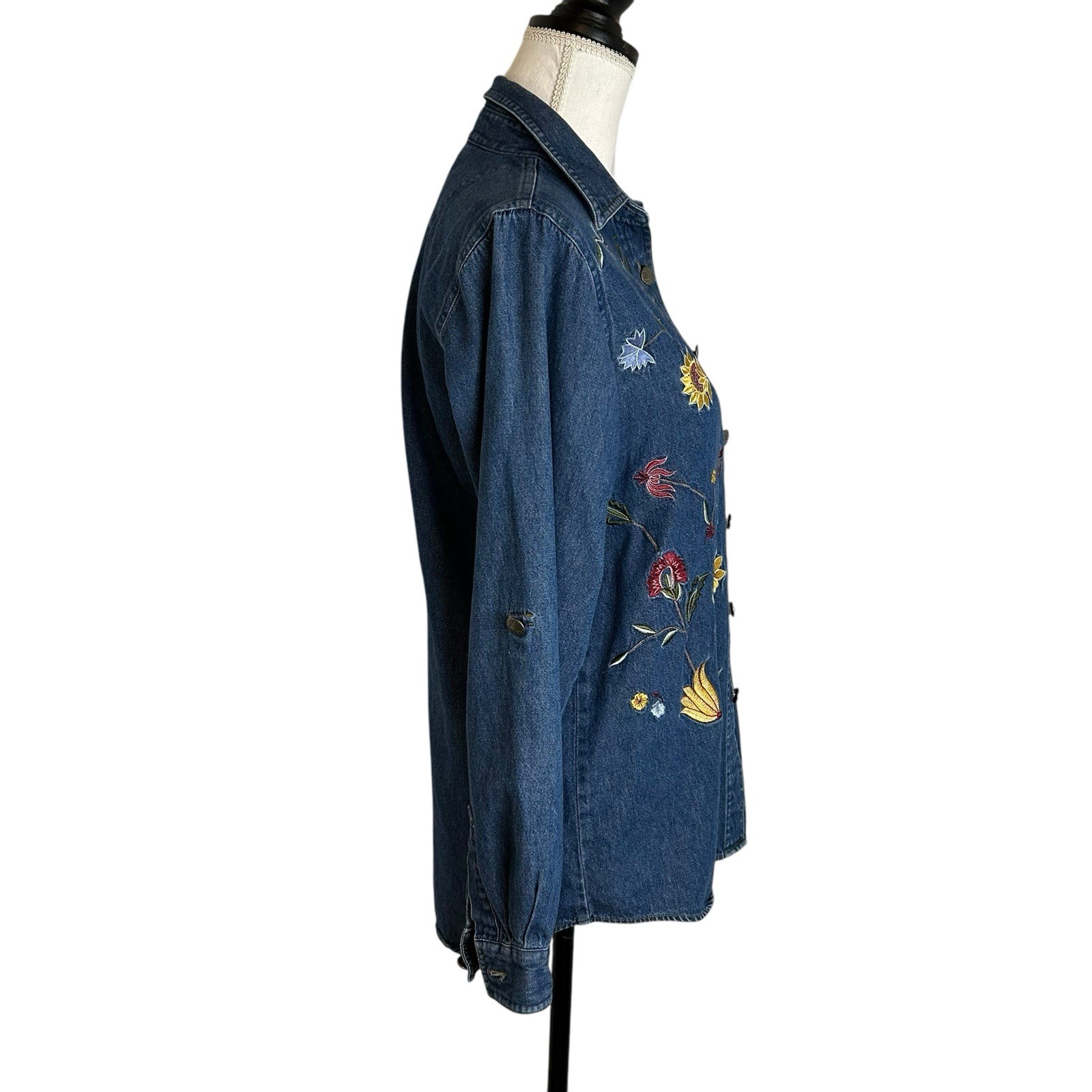 VTG 90s Embroidered Floral Denim Shirt Small Cottagecore Sunflower Boho Preppy