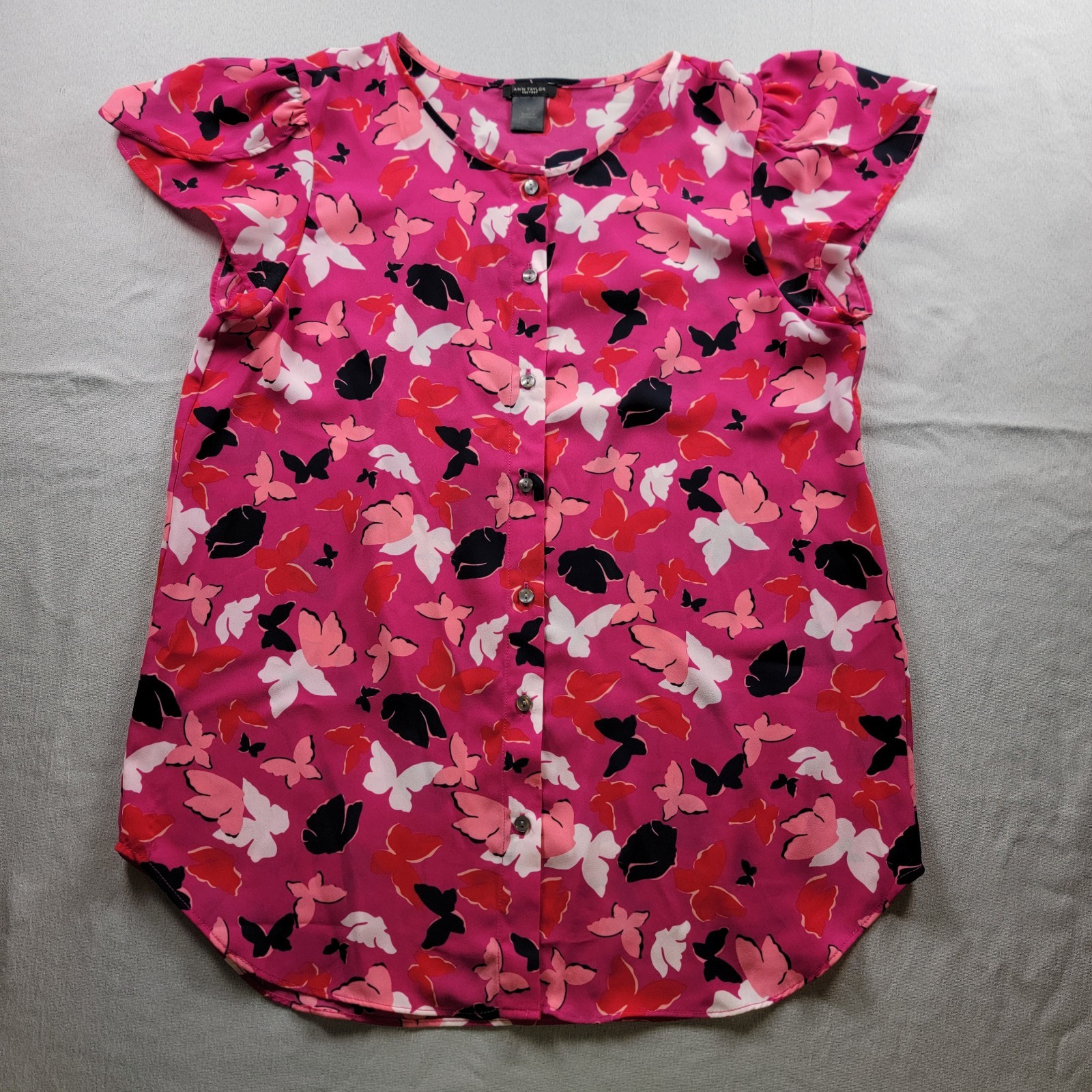 Ann Taylor Factory Pink Butterfly Floral Sheer Top Tunic Size Small
