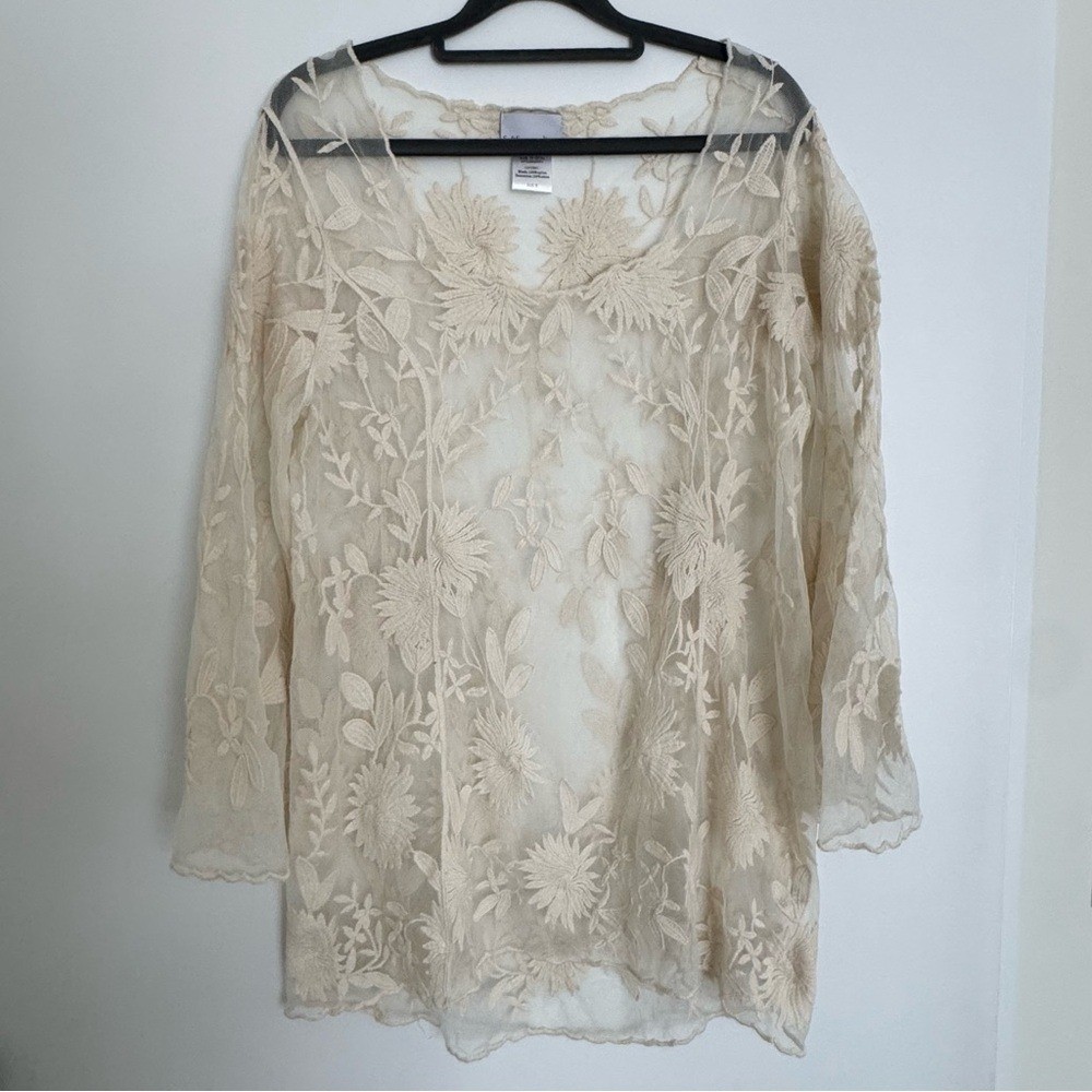 Soft Surroundings Cream Floral Lace Sheer Boho Embroidered Blouse Tunic Small