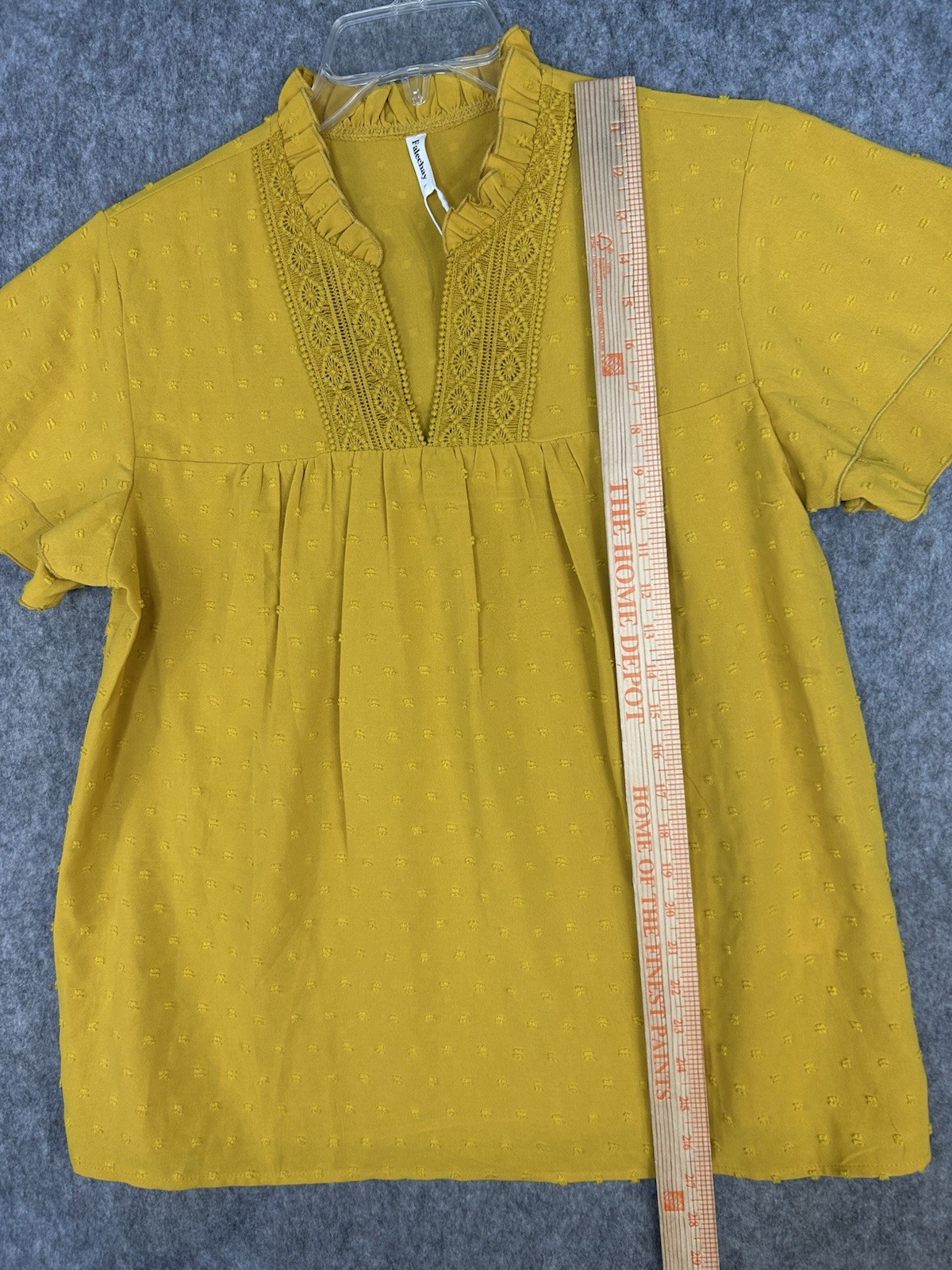 Falechay Women’s Boho Mustard Yellow Ruffle V-Neck Blouse Lace Trim Dots Size L