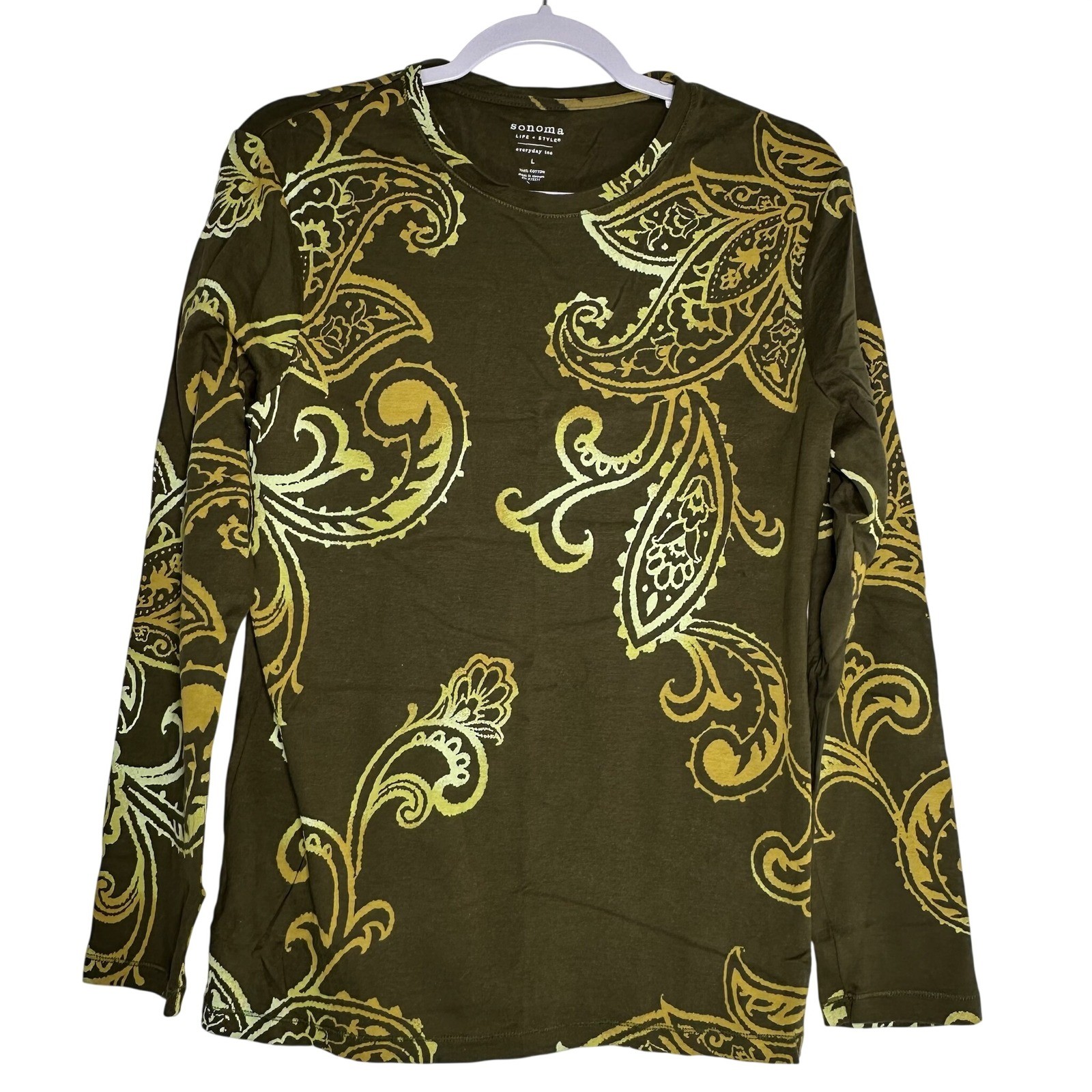 Sonoma Life Style Womens Large Olive Green Paisley Long Sleeve Cotton T-Shirt