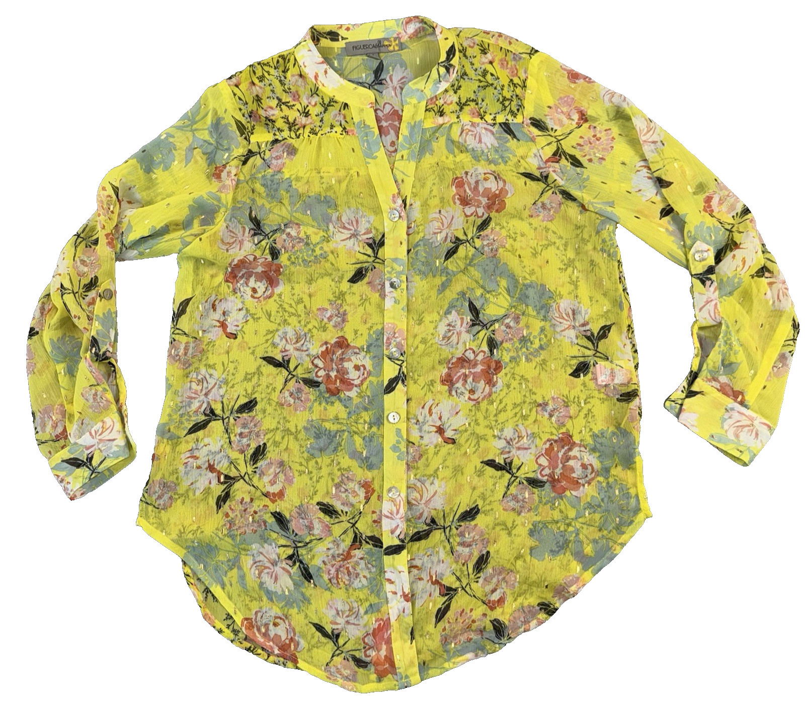 Figueroa & Flower Blouse Women’s S Yellow Sheer Floral Button Front Barrel Cuffs