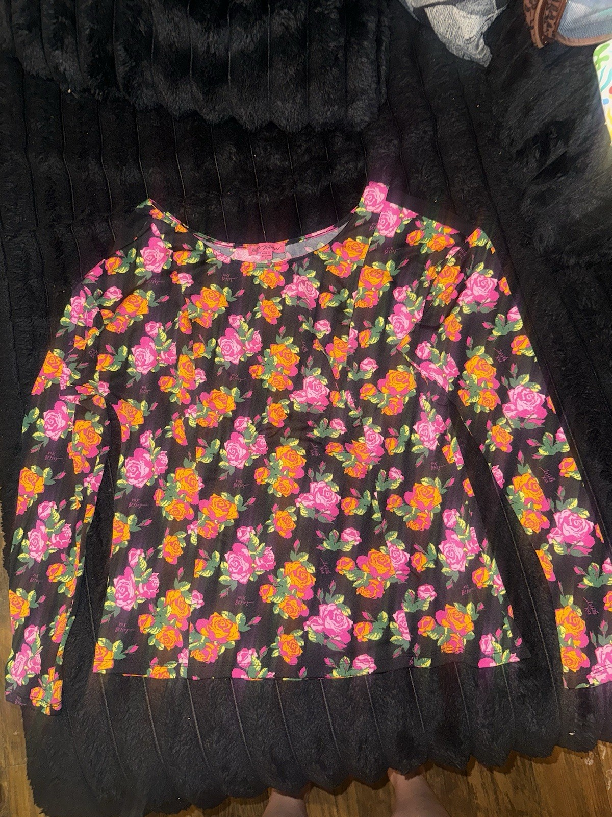 Betsey Johnson Womens Black Floral Round Neck Pullover Blouse Long Sleeve