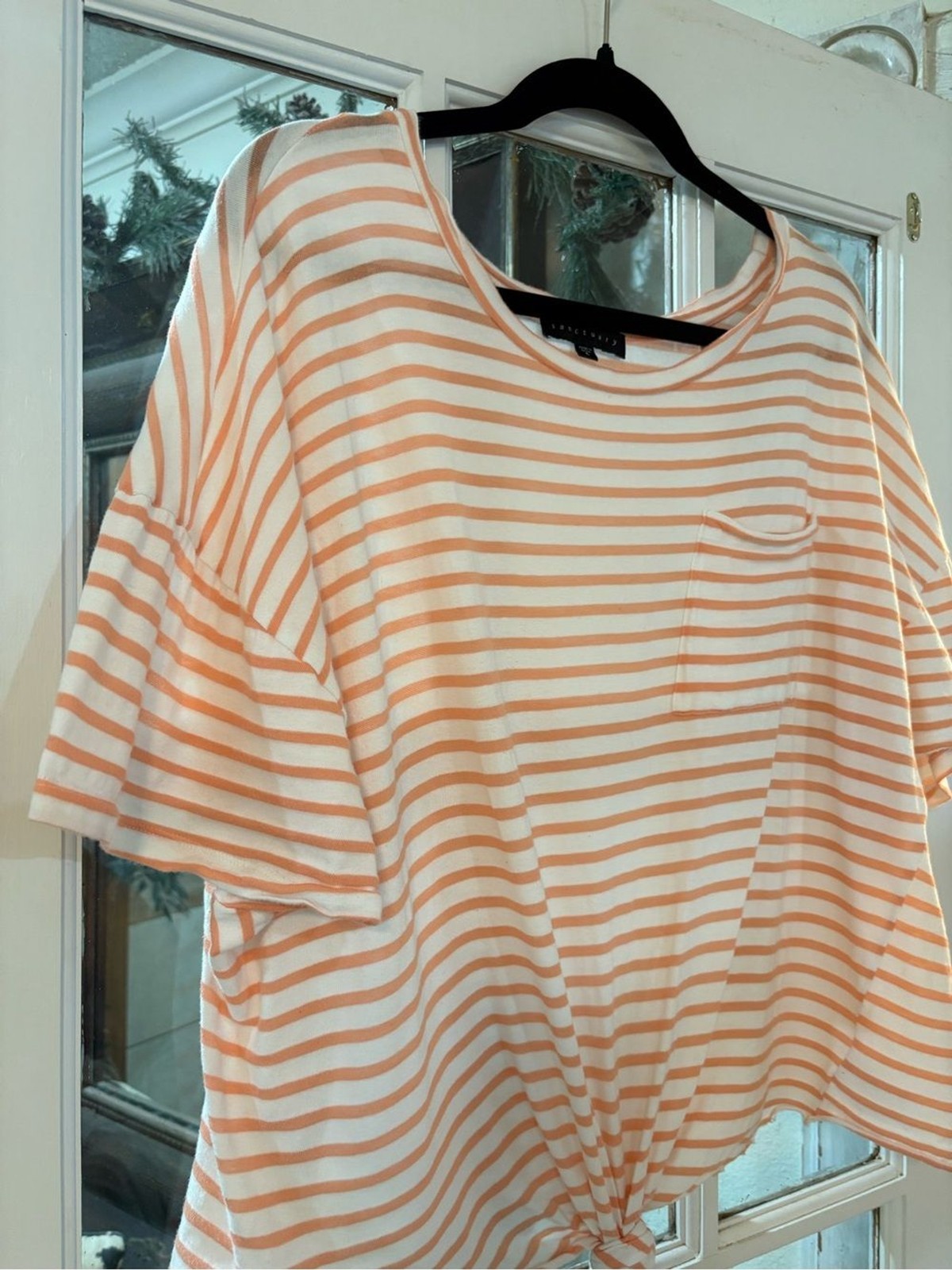 Sanctuary Peach & Ivory Striped Oversized Cotton Pocket Tee | Large | Casual