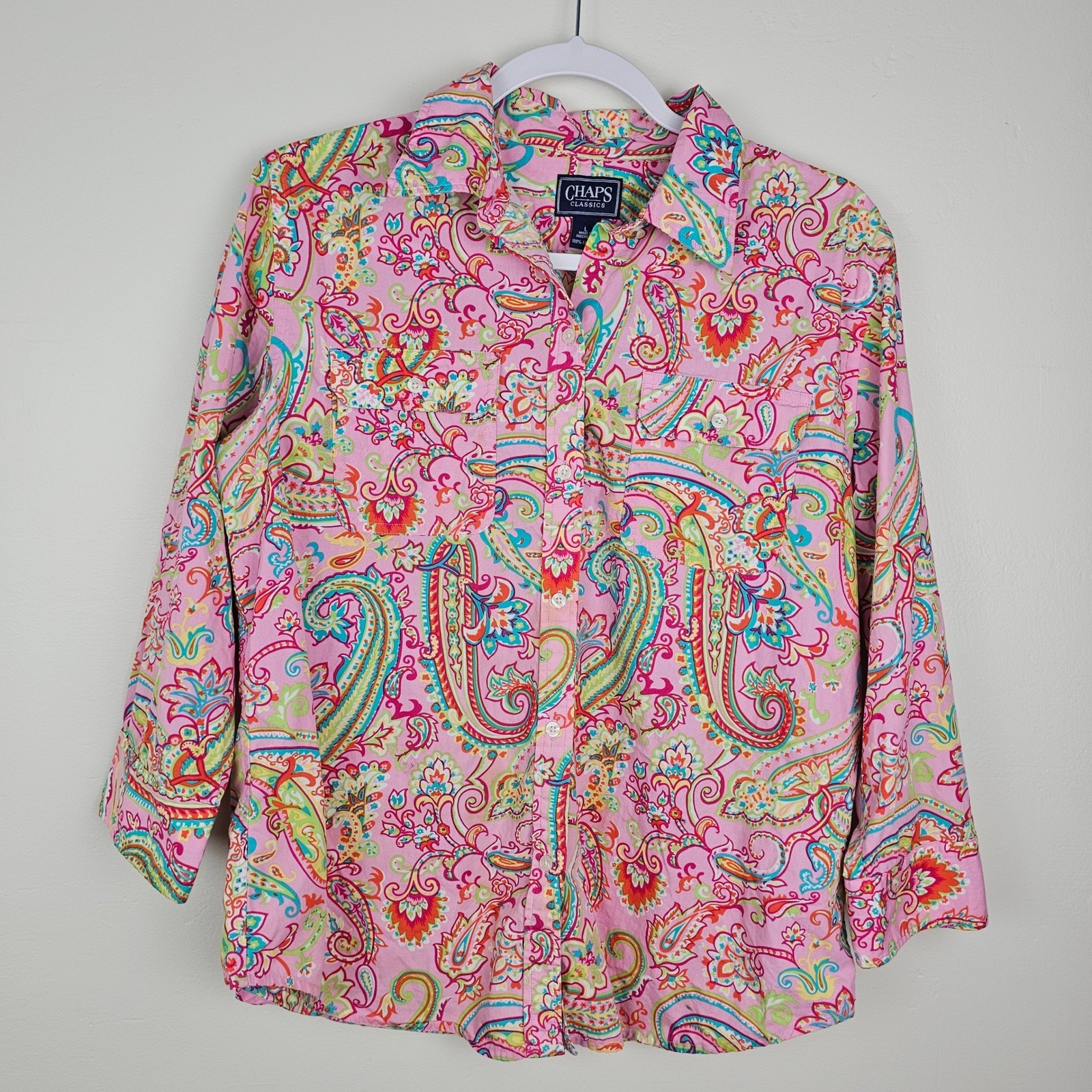 Chaps Button Down Shirt Womens L Pink Paisley Classics Cotton Long Sleeve G282