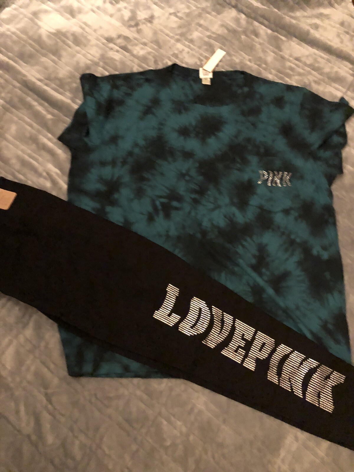 Victoria’s Secret Pink Bling Tie Dye Campus Tee + Leggings Set Deep Lake XXL ❤️