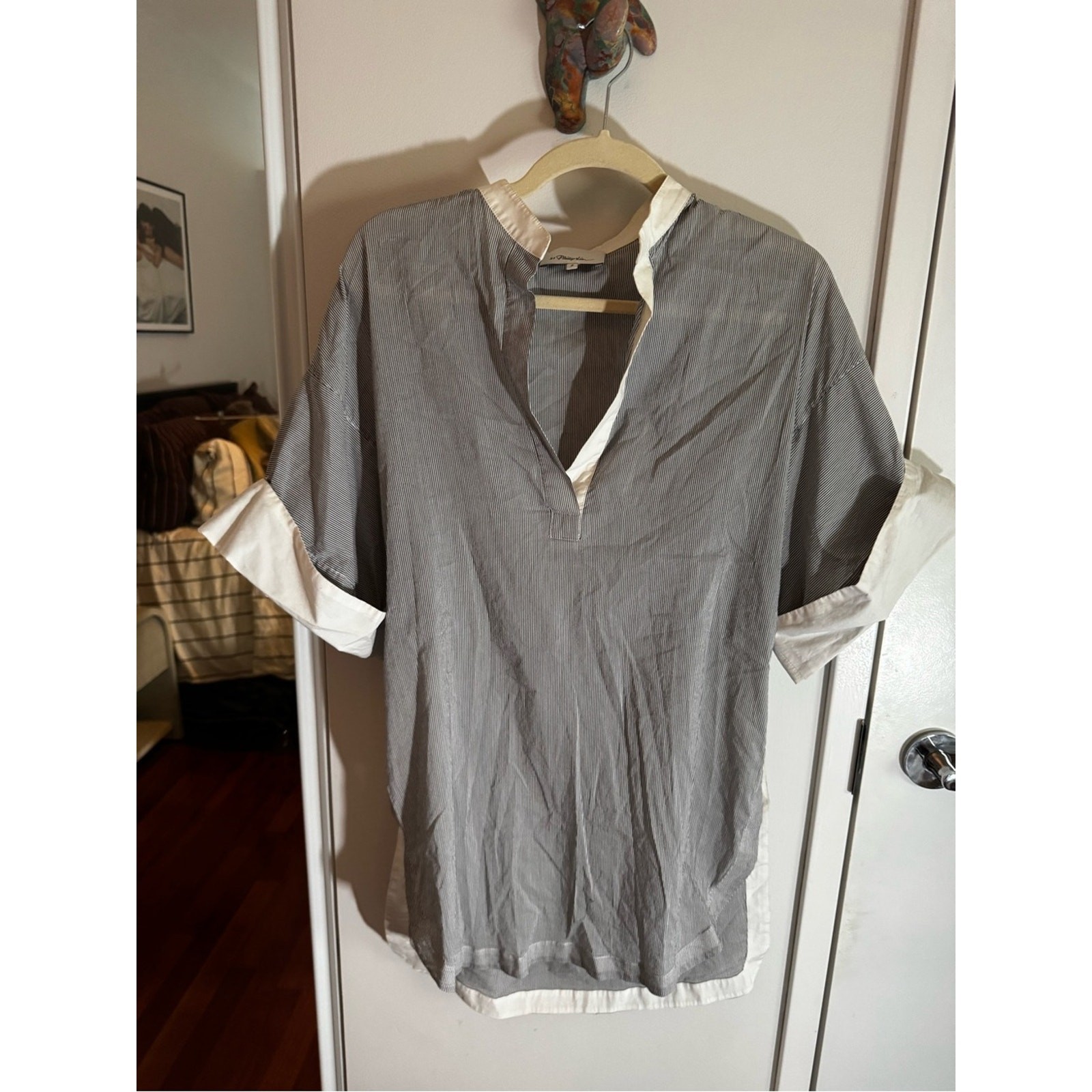 3.1 Phillip Lim Blue Gray Pinstripe Tunic with White Trim