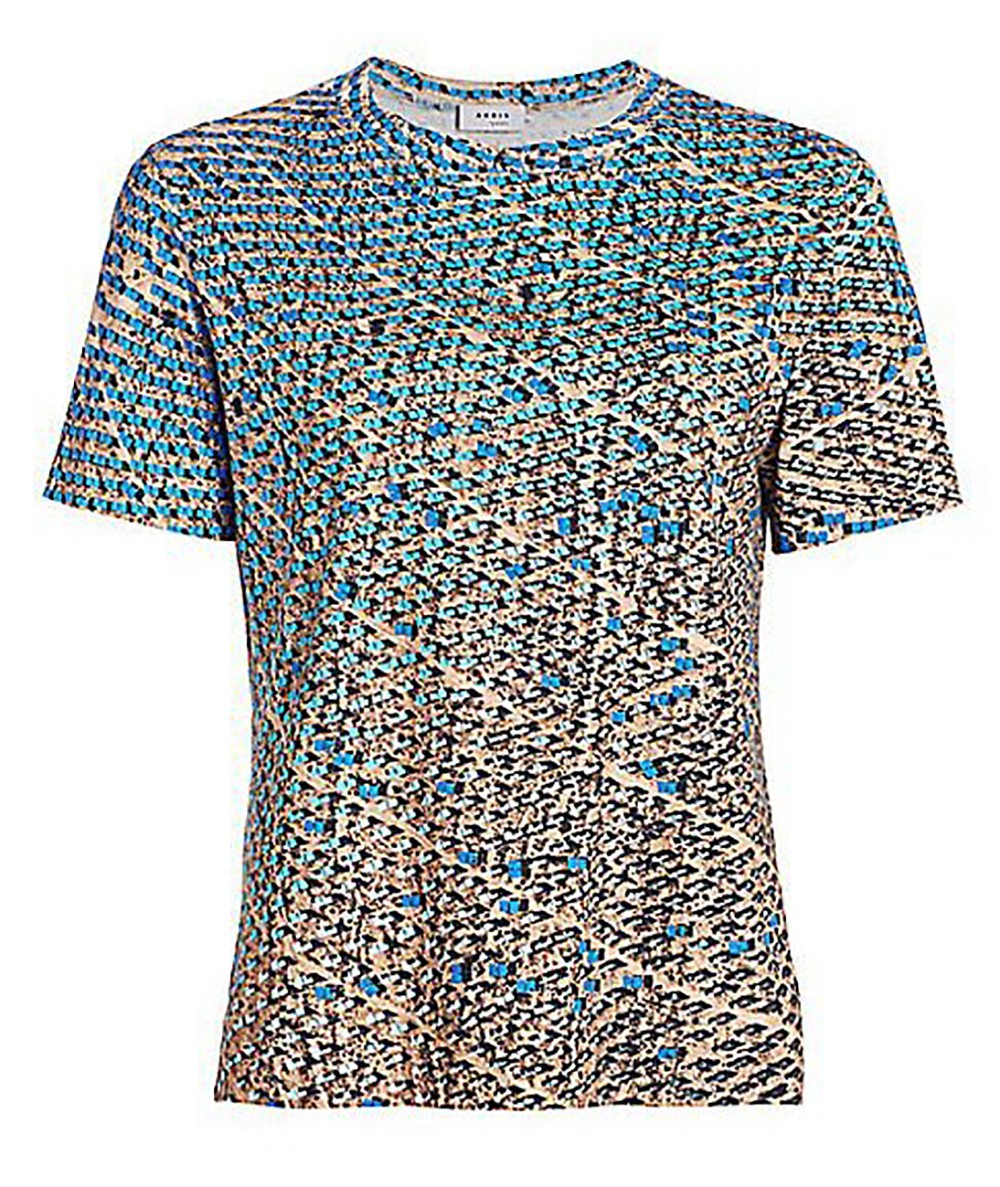 Akris Punto Solar Panel Plant Print Tee T Shirt Top Check Squares Tan Blue 8