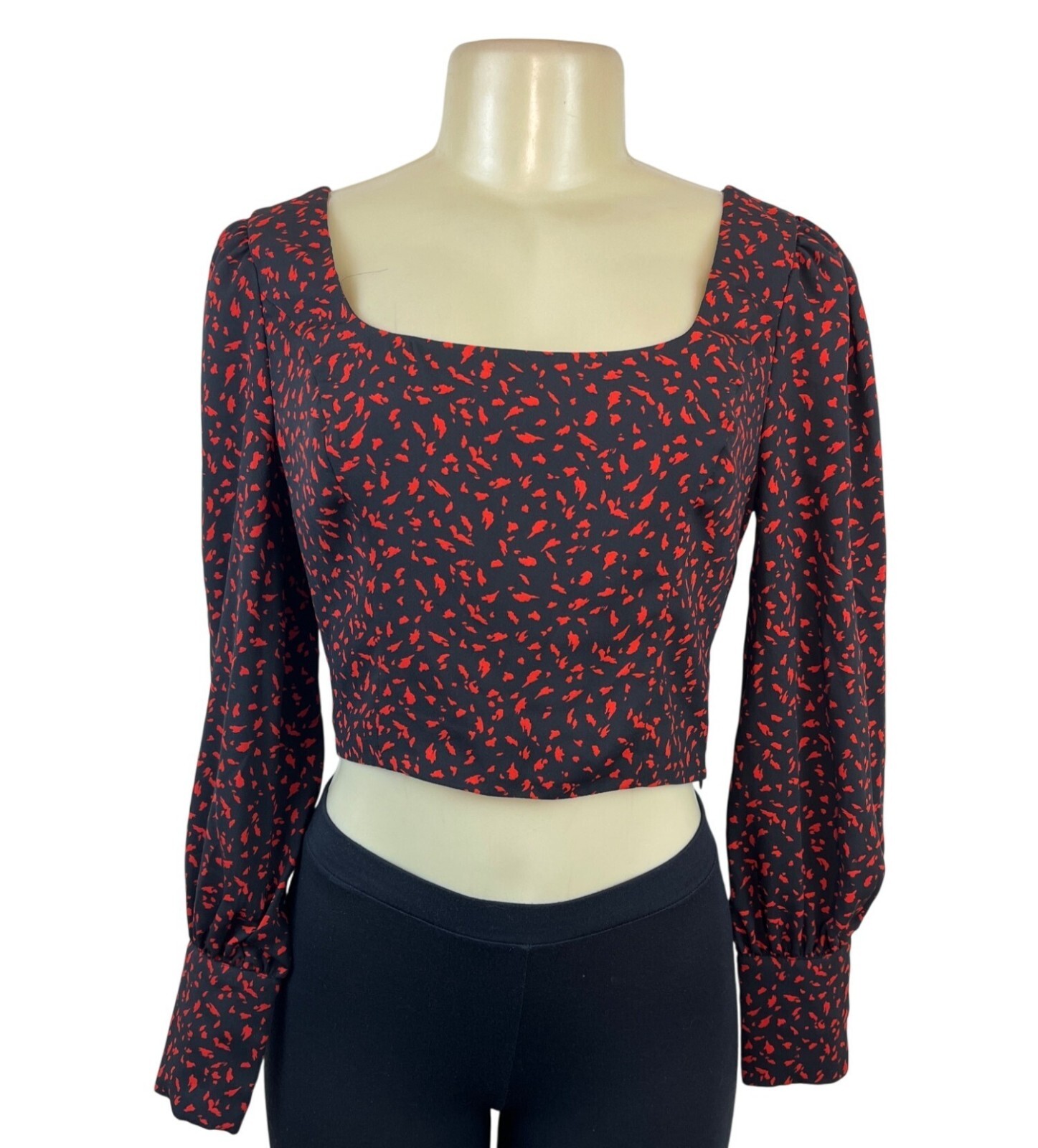 Dynamite Black & Red Long Sleeve Cropped Blouse With Square Neckline Size XS