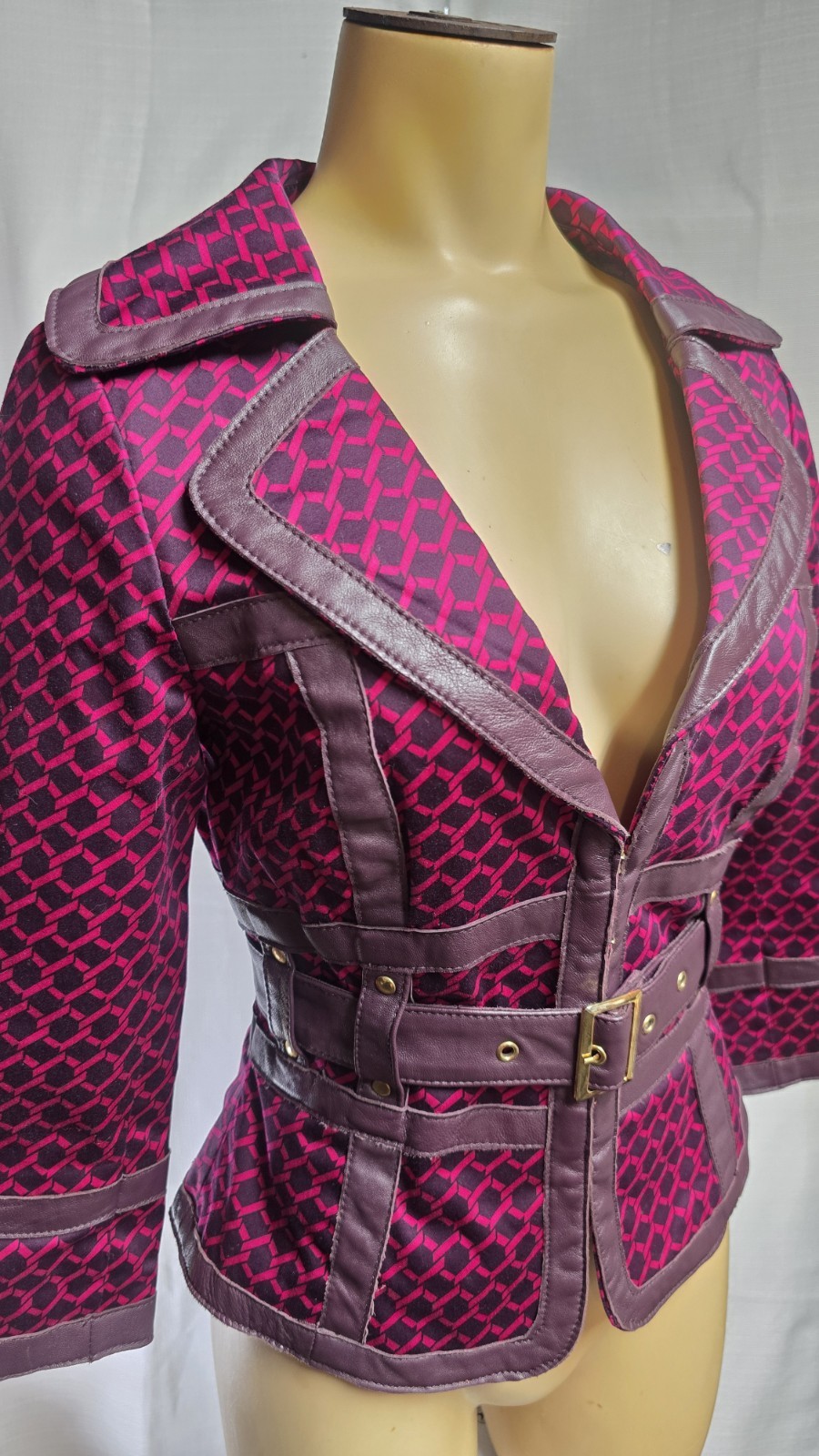 Vintage Y2K Women’s Purple Leather Cotton Belted Corset Blouse Top Jacket Sz S