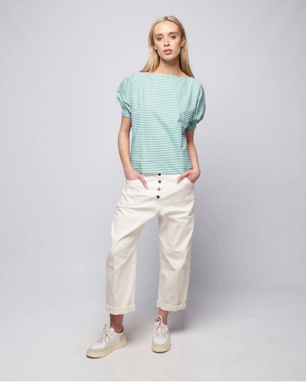 Rachel Comey Green And White Striped Ballaton Top Puff Sleeves Size Large