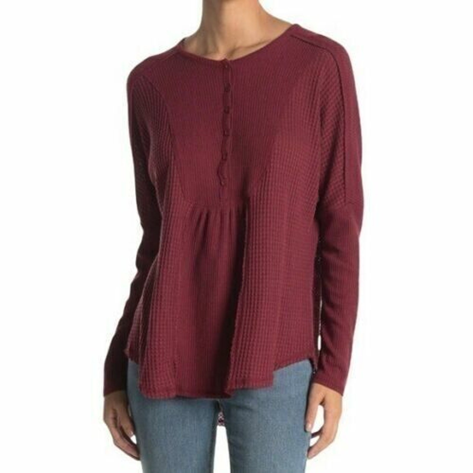Gibsonlook Women’s Mixed Ribbed Waffle Knit Henley Top Burgundy XSmall MSRP $50