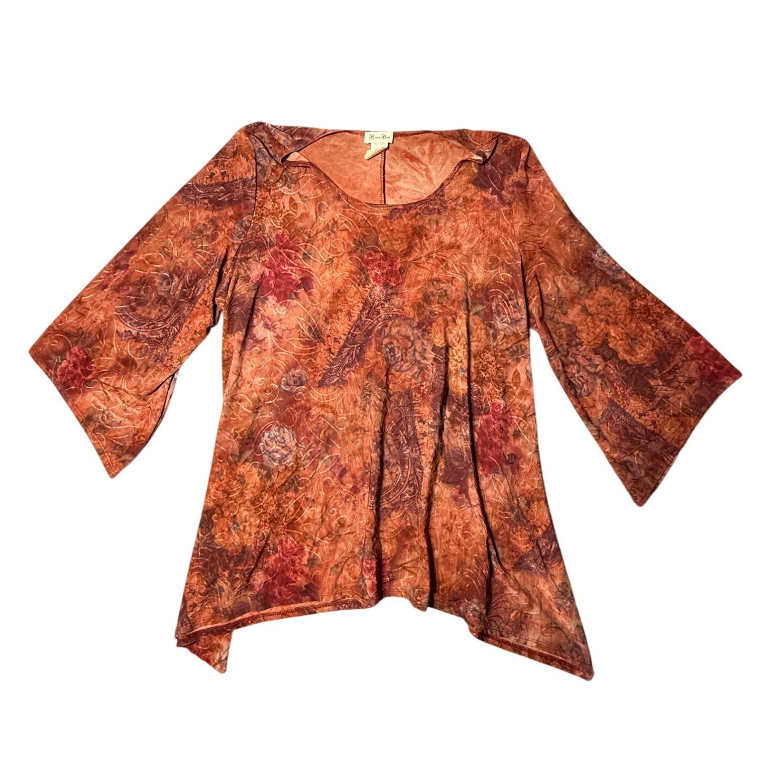 Y2k Brittany Black Women Rust Floral Paisley Embroidered Tunic Top 1X