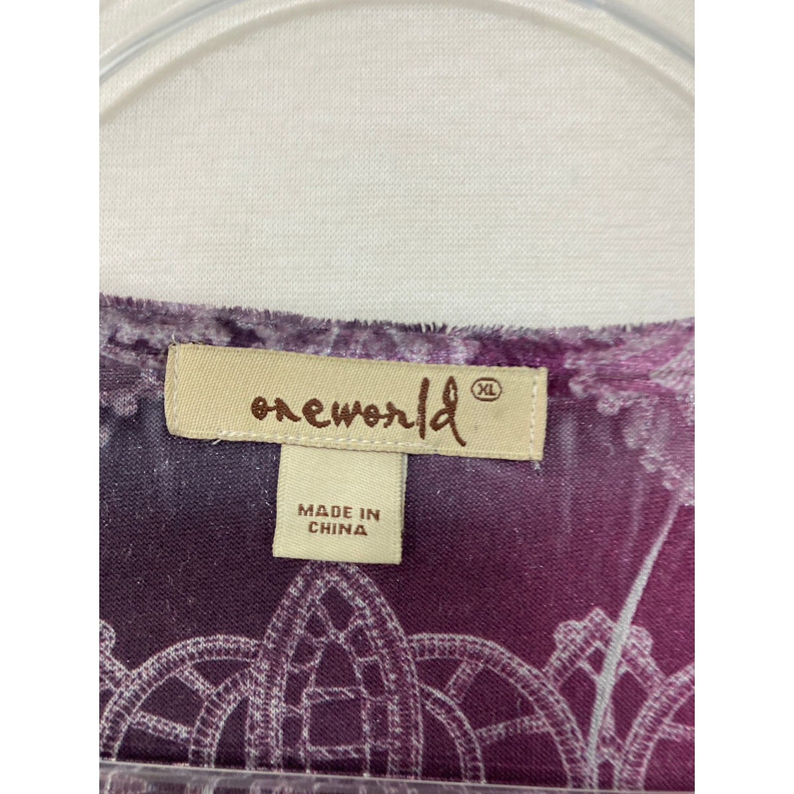 One World Tunic XL Purple Silver Paisley Empire Waist V-Neck Boho Velvet Artsy