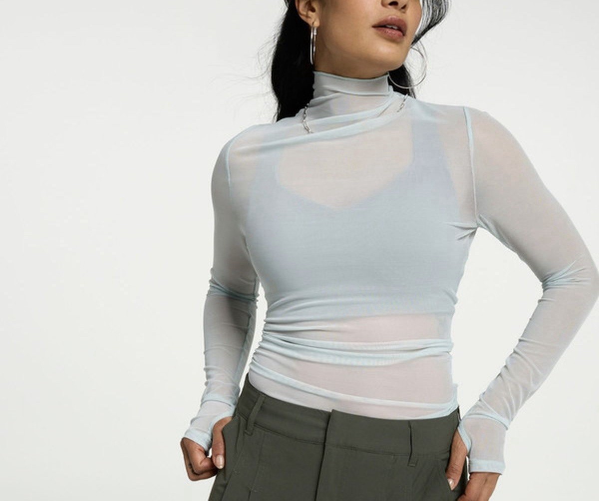 Calia Draped Funnel Long Sleeve Mesh Top Smoked Turquoise Wmns Sz Large NEW $58