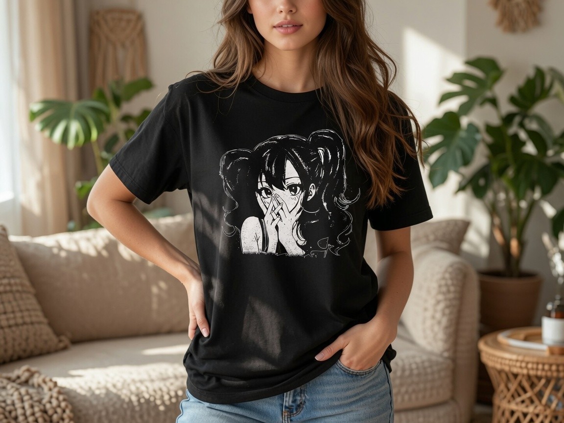 Anime Girl Shy Face T-Shirt Kawaii Manga Graphic Tee