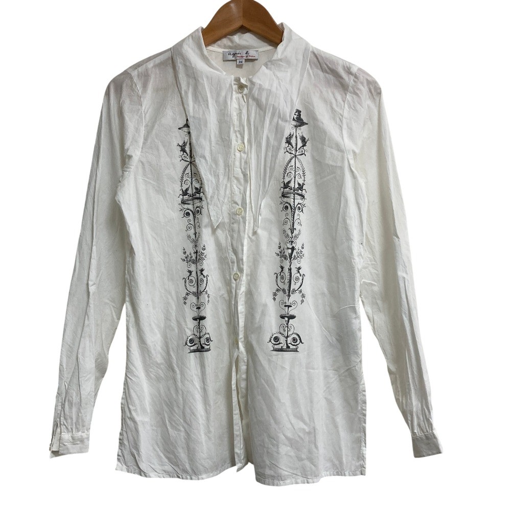 agnes b. Long-sleeved blouse with bow tie, size 36, white Women USED