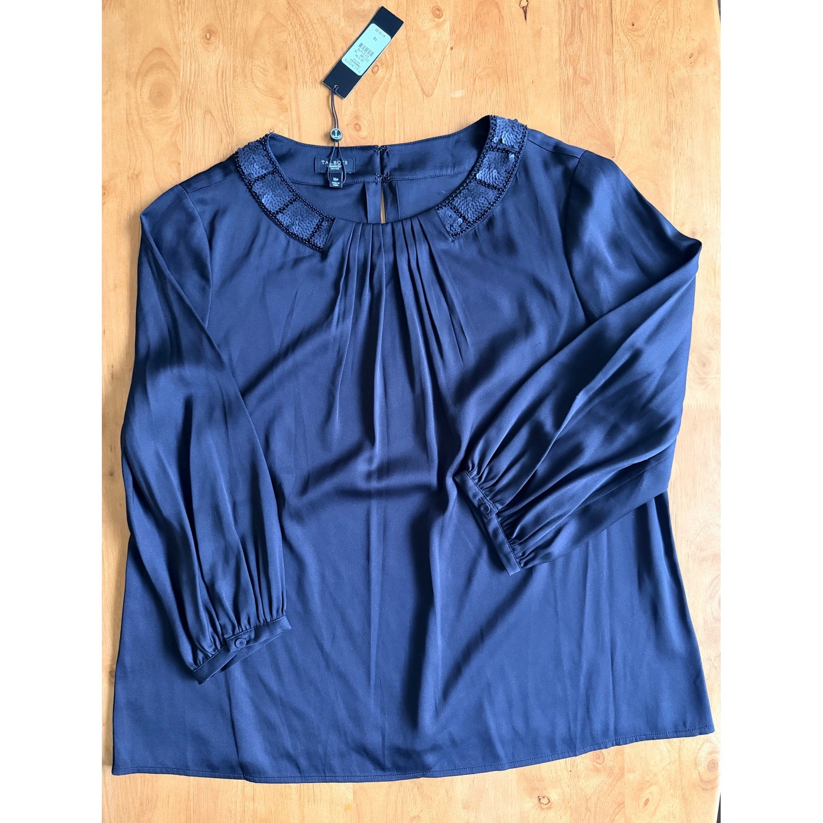 Talbots Petites Black Sequin Neckline Pleated Blouse 16P NWT Holiday Party