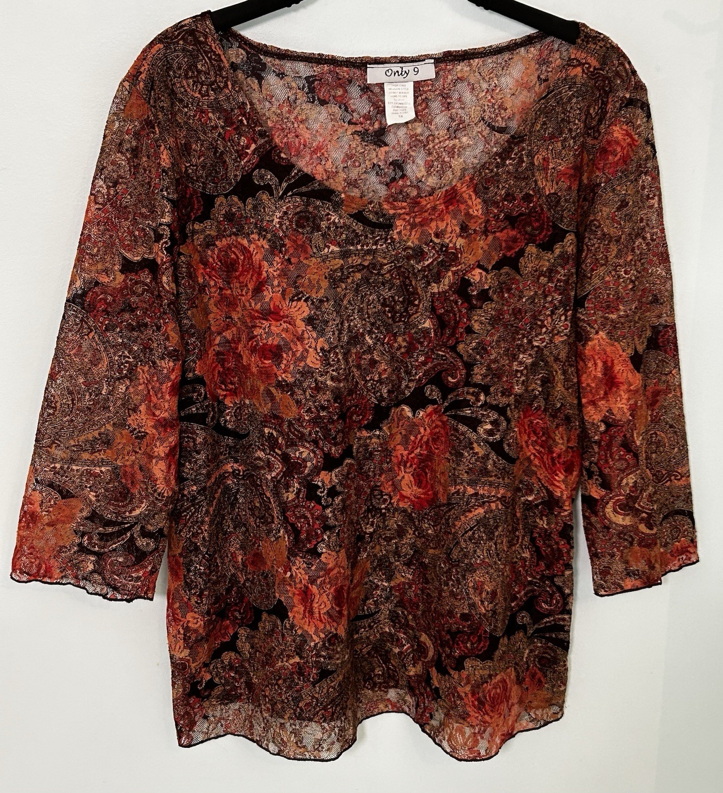 Only 9 Womens 1X Lacey Scoop Neck 3/4 Sleeve Top FALL Colors Lined Front USA VTG