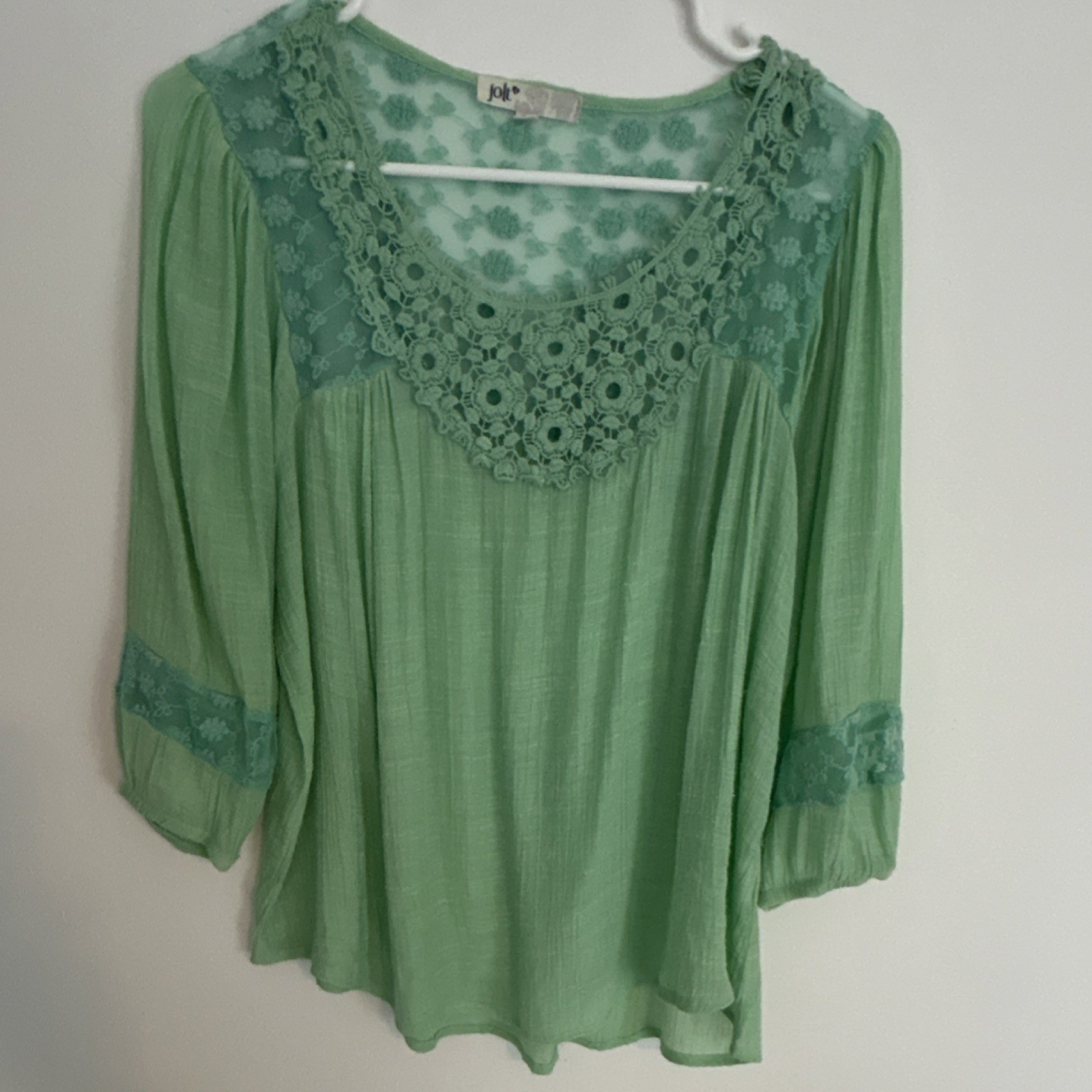 Jolt Green Lace Crochet Floral Tunic Blouse 3/4 Sleeve L Rayon Polyester Nylon