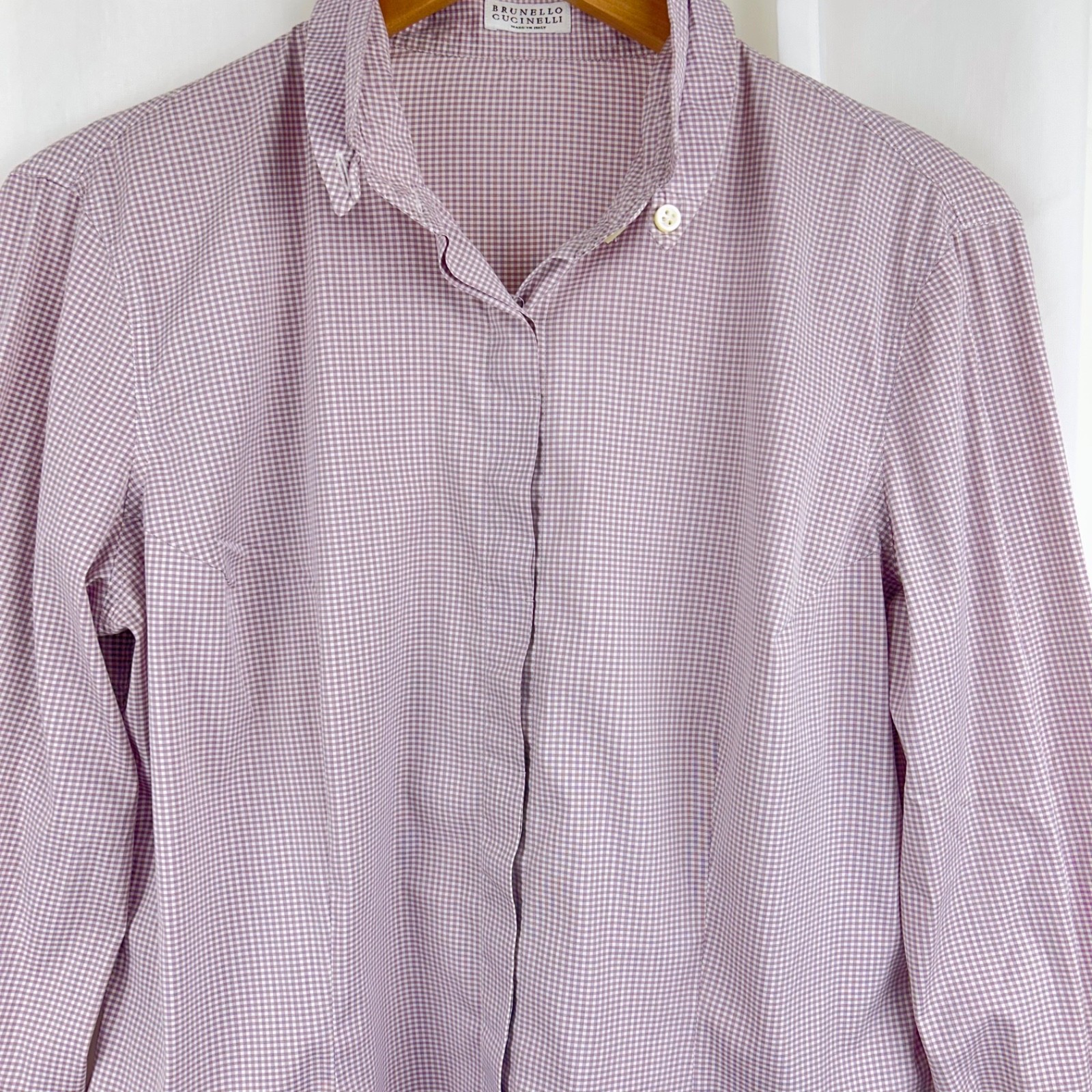Brunello Cucinelli Slim Fit Shirt Button Detail Collar +Cuffs Mauve Gingham XL