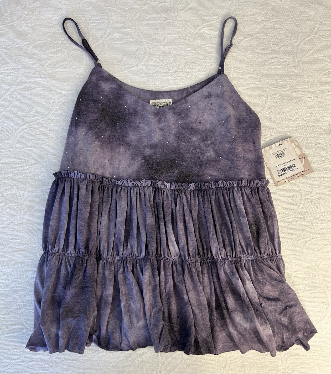 Vocal Purple Tie-Dye Rhinestone Ruffle Tiered Scoop Neck Cami Tank S
