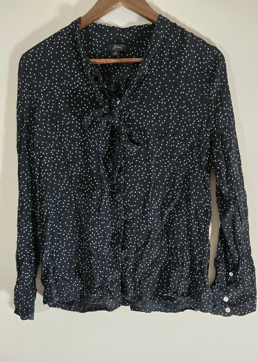 J Crew Polka Dot Tie Neck Blouse Shirt Top Sz M 8 Womens Classic Nice