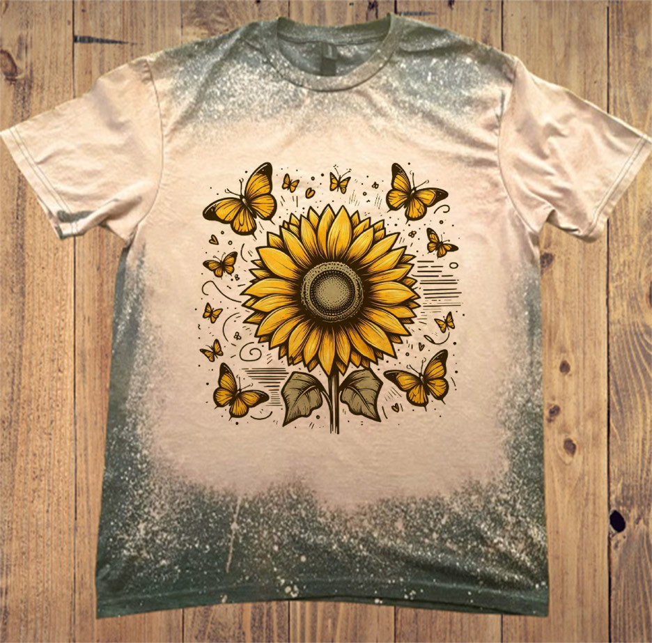 Sunflower with Butterflies on Bleach T-Shirt with free Leather Keychain
