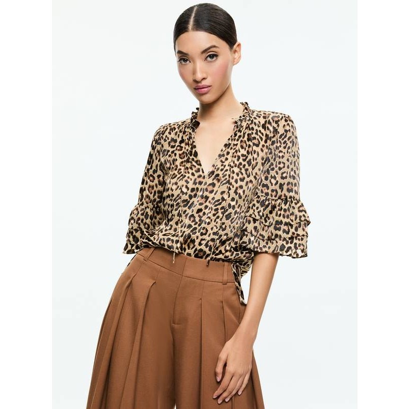 Alice + Olivia Julius Ruffled Sleeve Top in Leopard Love XS
