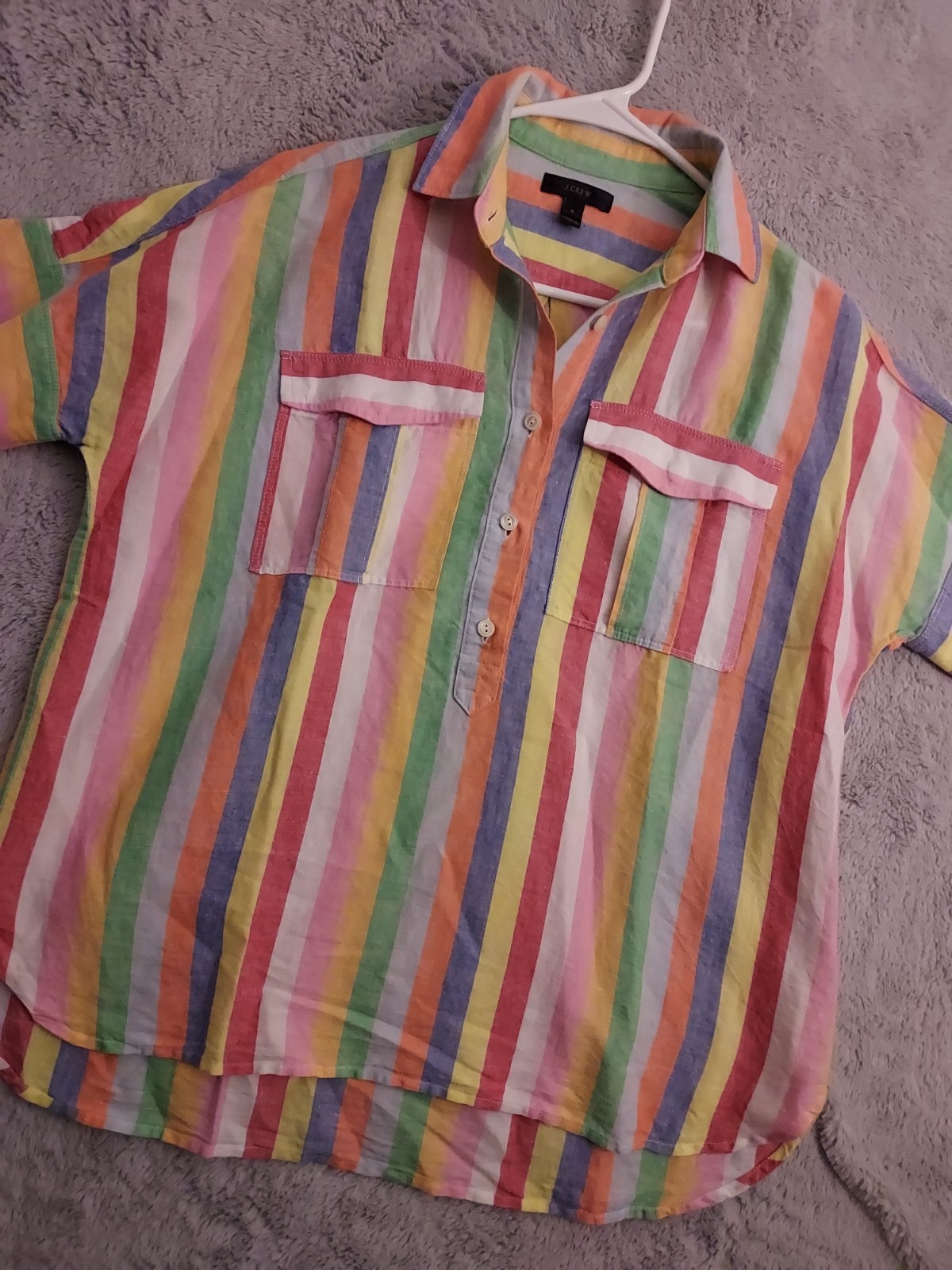 J Crew Popover Shirt Women Size O Linen Cotton Ramie Blend Colorful Beach Pocket