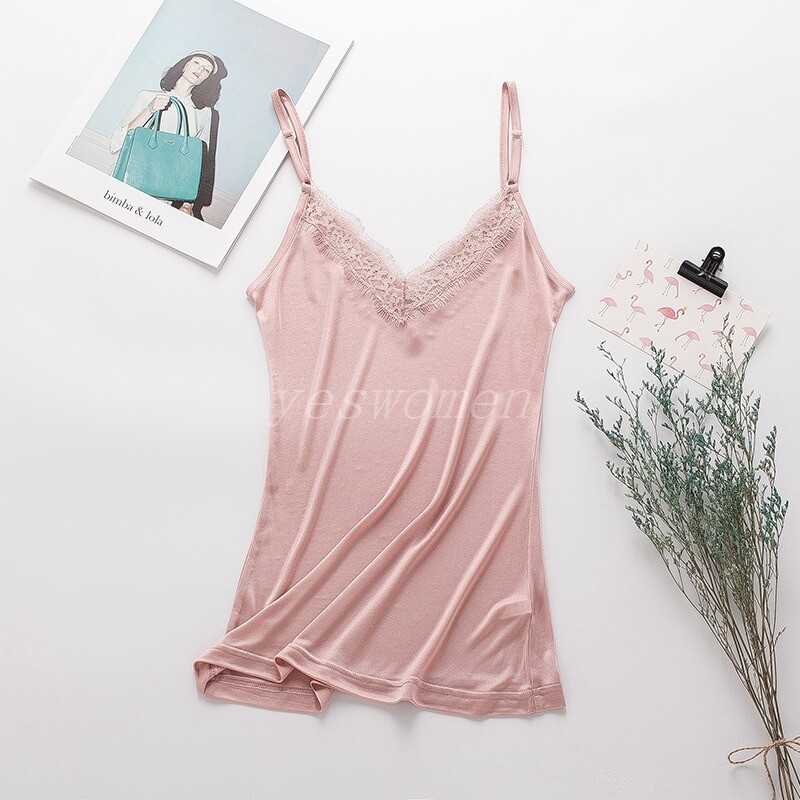Women Silk V Neck Camisole Tank Top Knit Silk Lace Shirt Sleeveless Tank Blouse