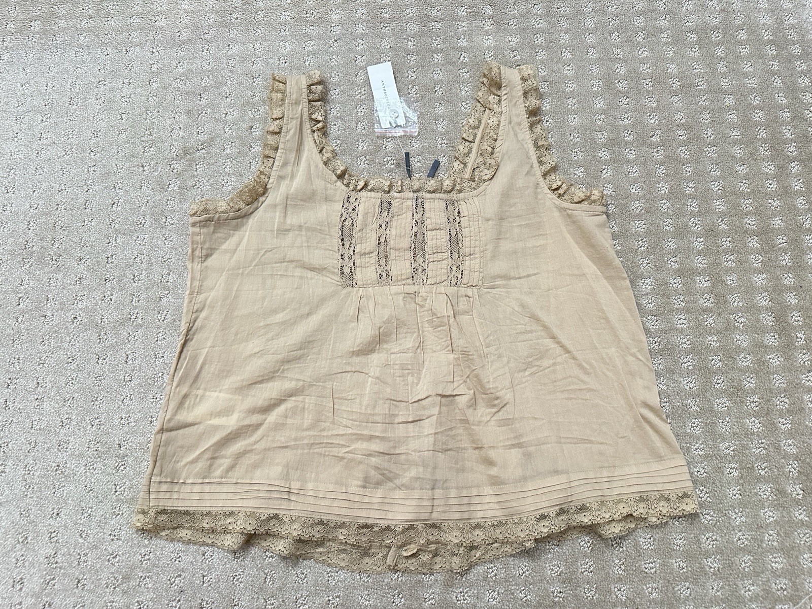 By Anthropologie Cotton Lace Ruffle Tank. Tan Color. Size: XXS (run large)