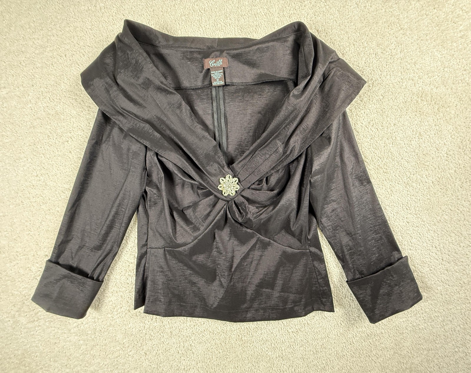 Camille La Vie Blouse Womens 12 Black Shall Rhinestone Formal Top Evening