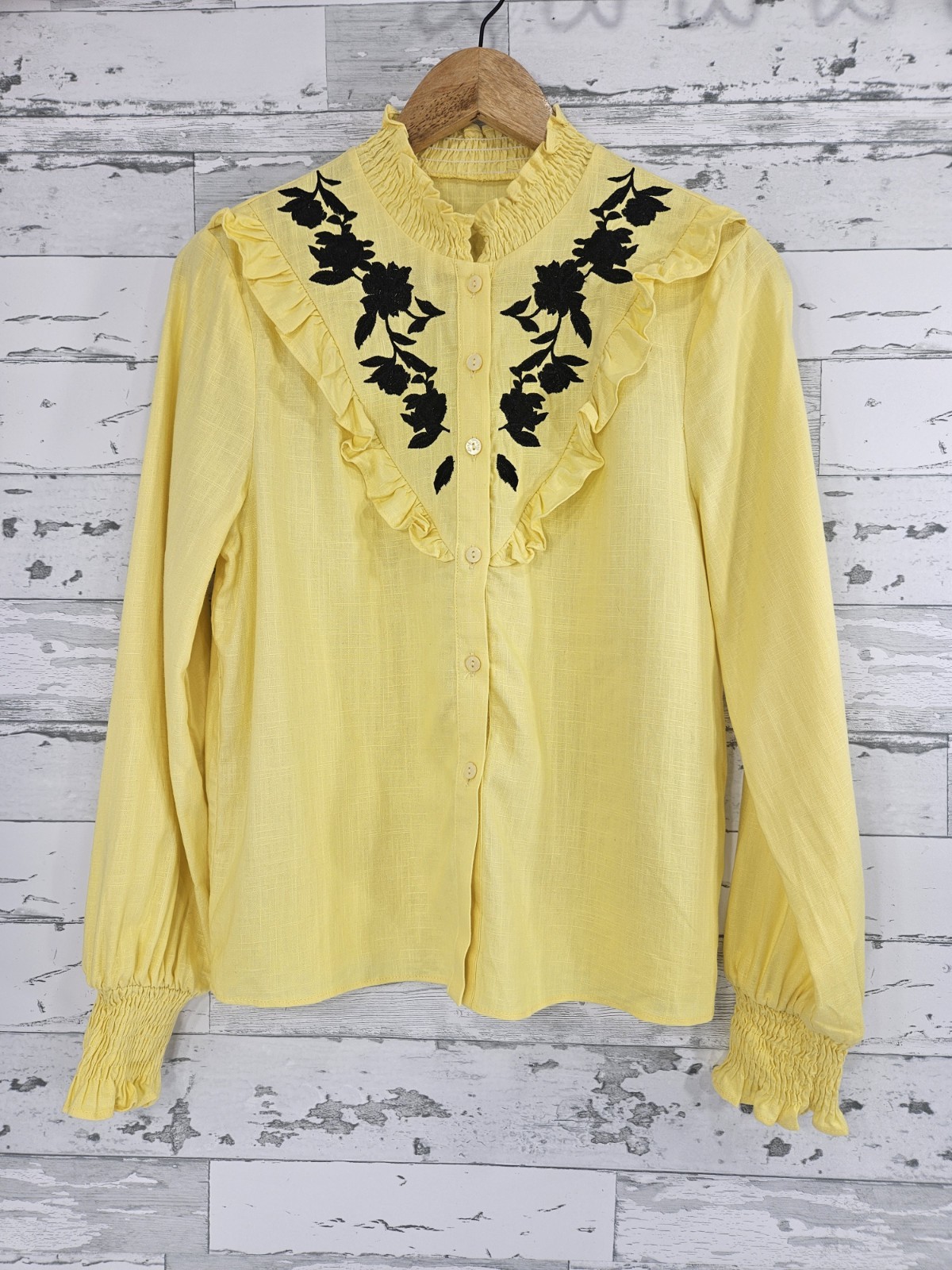 Motf Yellow Long Sleeve Blouse Ruffle Neck Embroidered Smocked Cuffs Womens S
