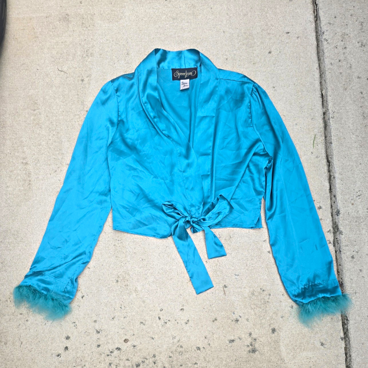 Spoon Jeans Women’s L Mermaid Blue Satin V-Neck Long Sleeve Tie-Font Feather