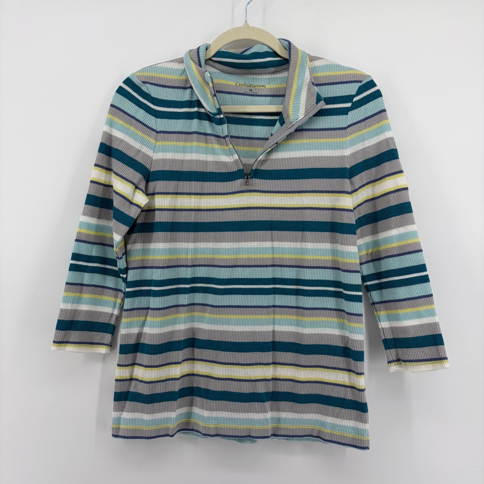 Croft & Barrow Quarter Zip Striped Waffle Knit Pullover Teal Medium 3/4 Sleeve
