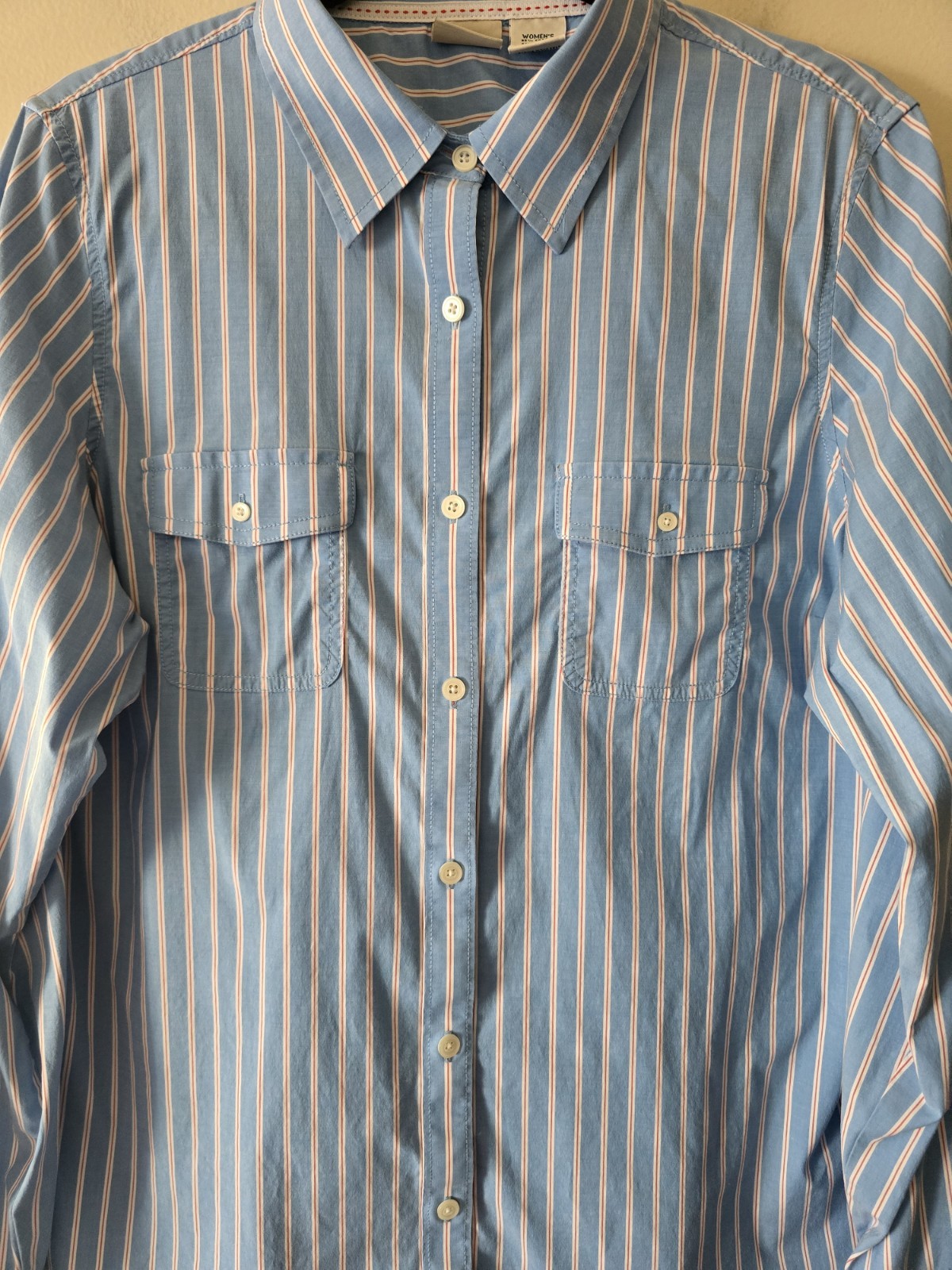 LL Bean Button Down Womens XL Blue/Red Stripe Roll Tab Top Career Casual Preppy