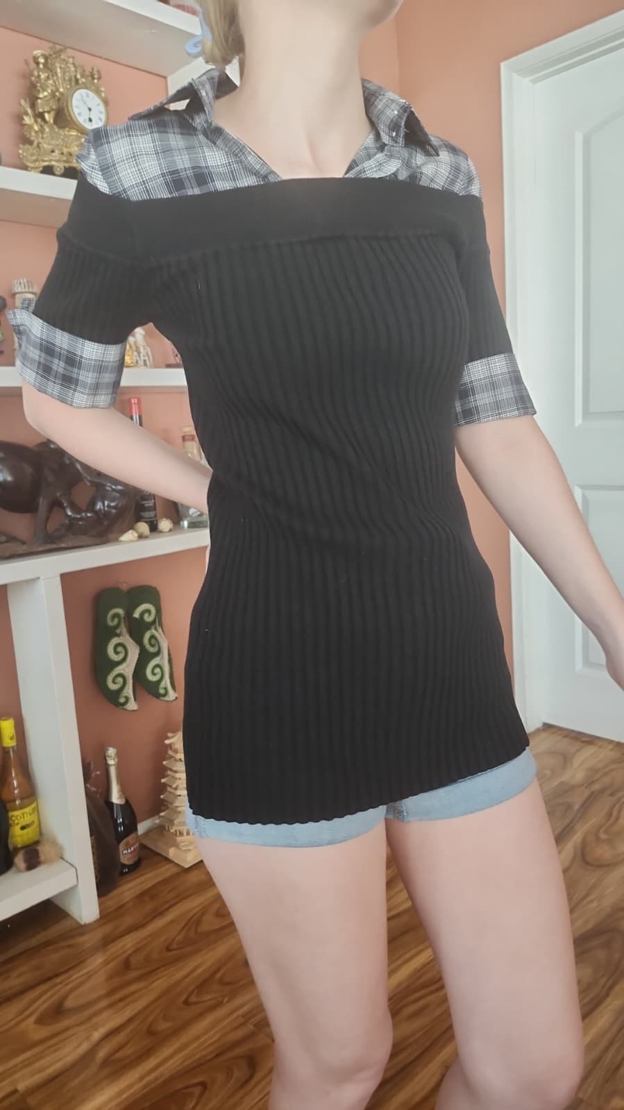 Sara I Medium Black Sweater Top Plaid Flannel Layered Unique Vintage Half Sleeve