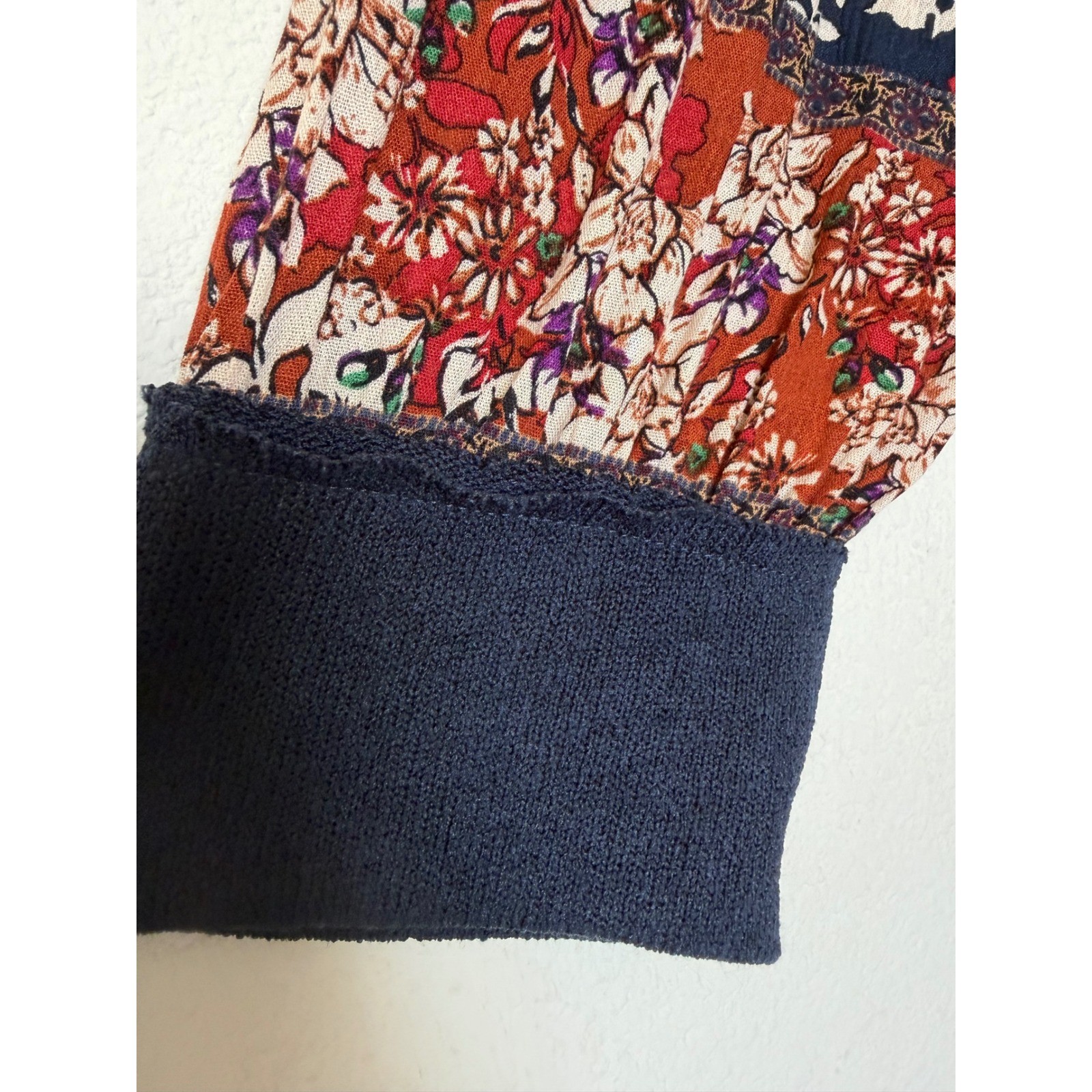 GiGio Plus 1XL Floral Patchwork Mixed Media Raglan Top Navy Blue Boho Relaxed