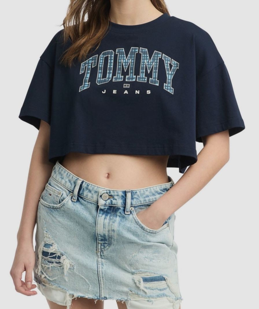 Tommy Jeans Women’s Blue Cotton Oversized Tartan Graphic T-Shirt Top Size S