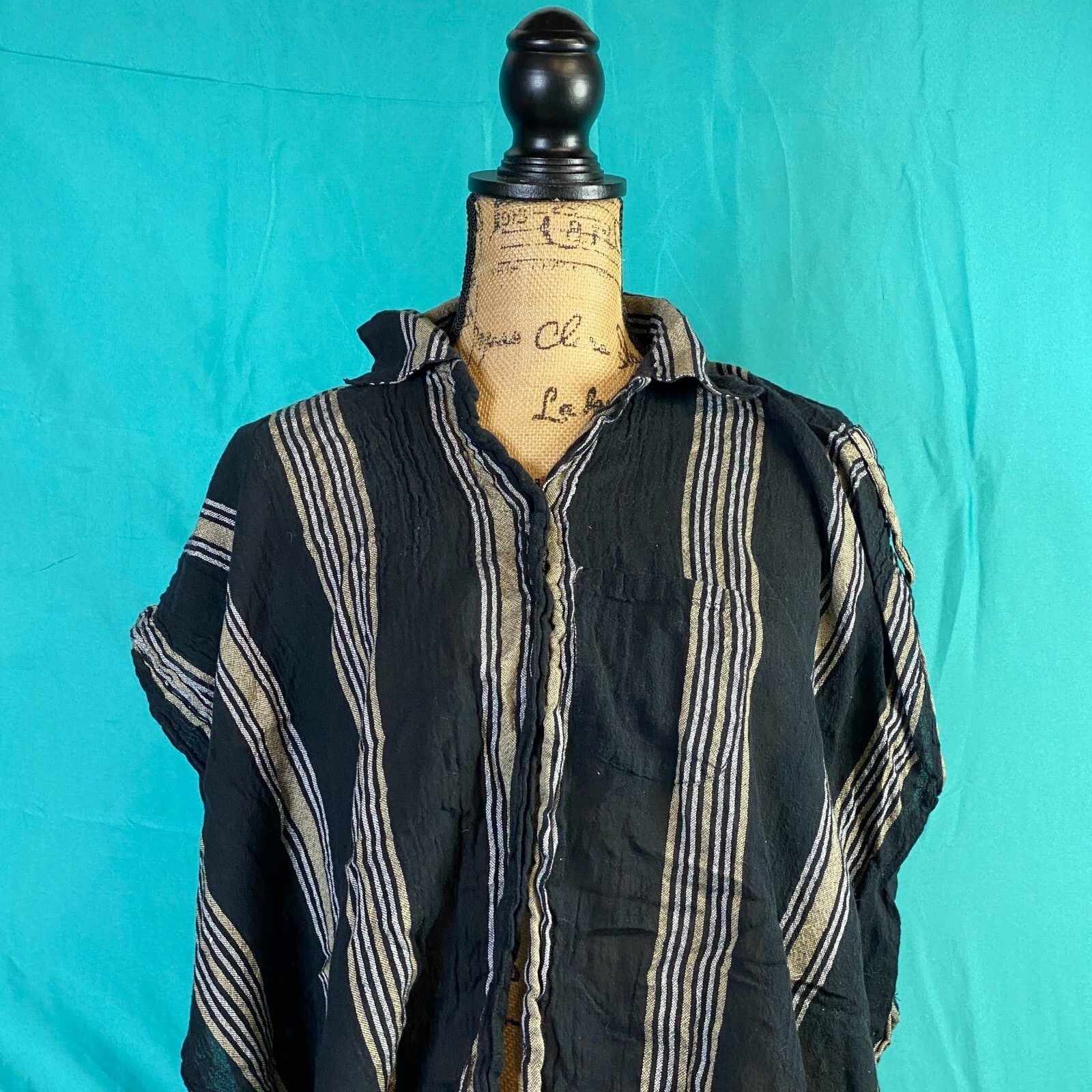 Accessory St New York Women Black Striped Cotton Poncho Top One Size Boho Gauze