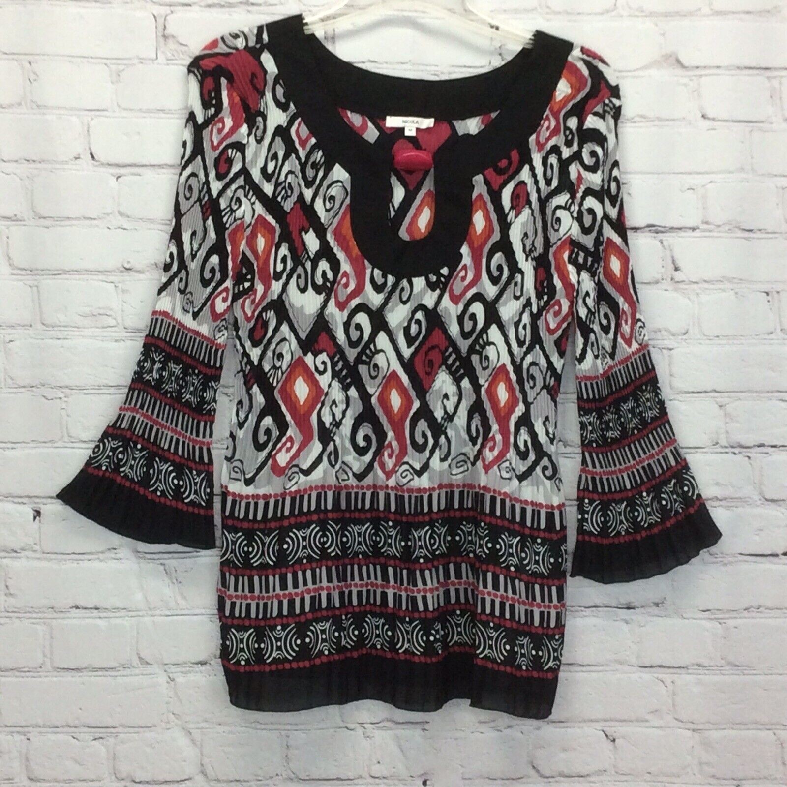 Nicola Tunic Women’s Sz M Geometric Multicolor Bell Sleeves Pleated Keyhole Neck