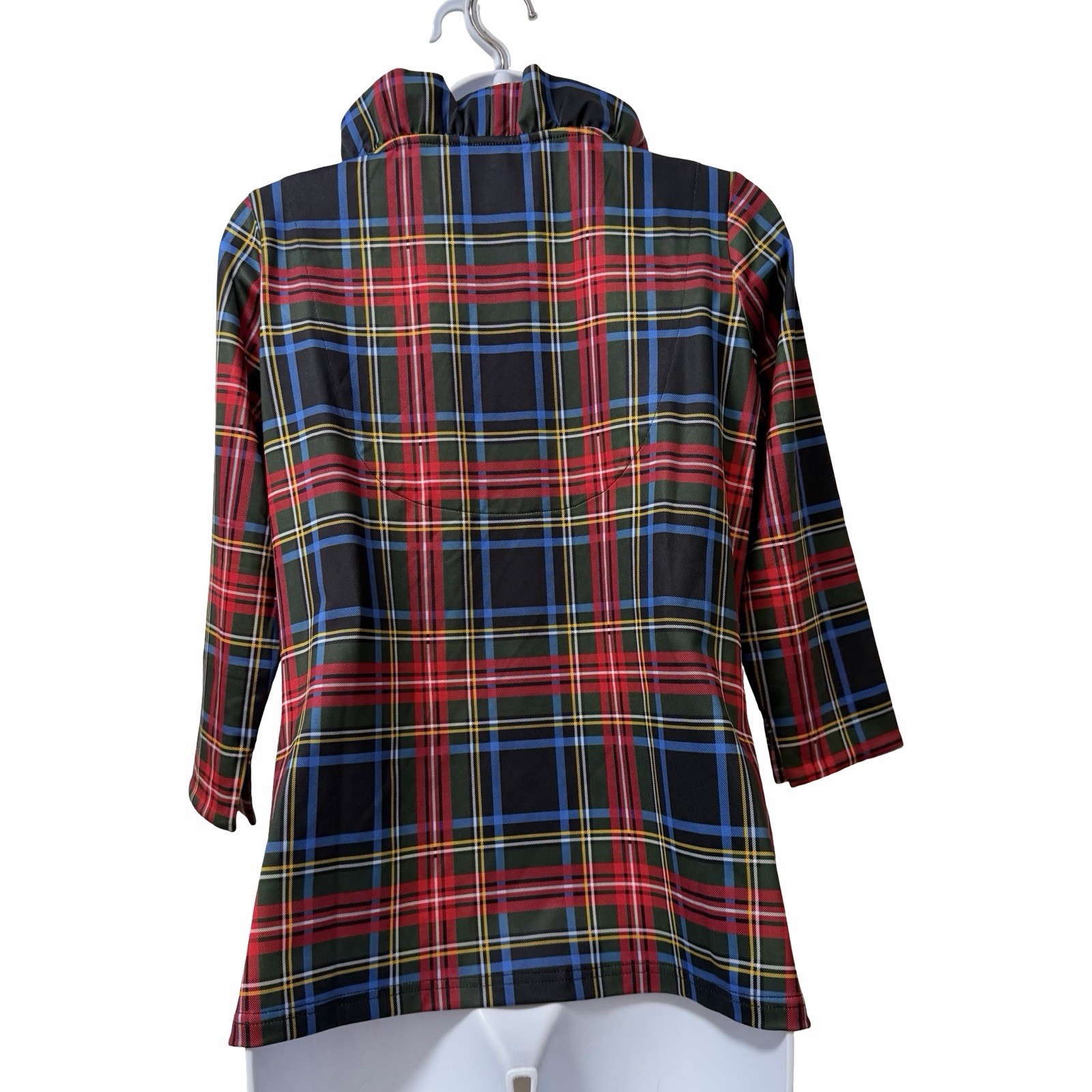 Gretchen Scott Tartan Plaid Stand Up Ruffle Neck Blouse Size S Red Holiday